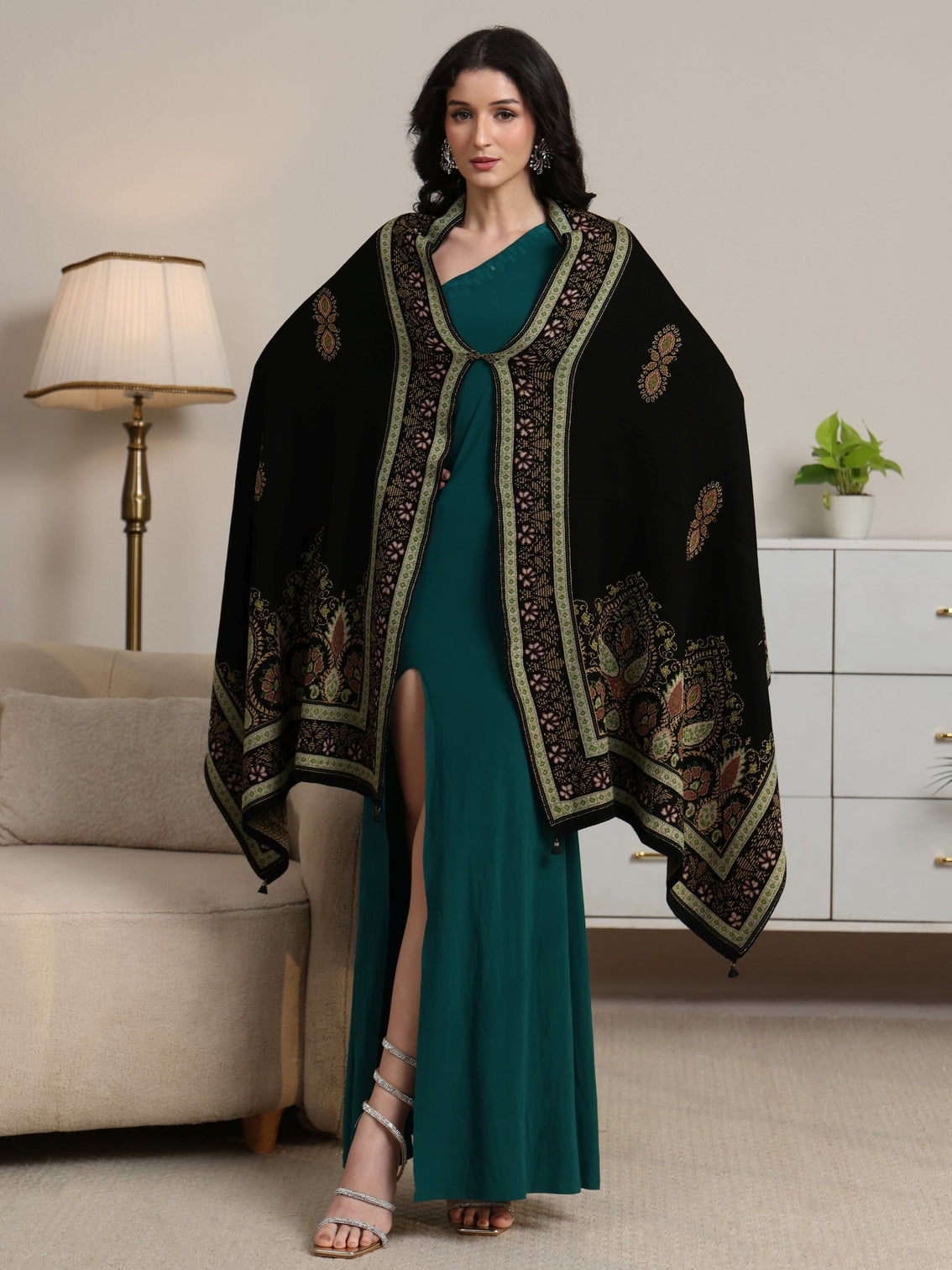 Mameraa Black Ethnic Knitted Acrylic Wrap Shawl
