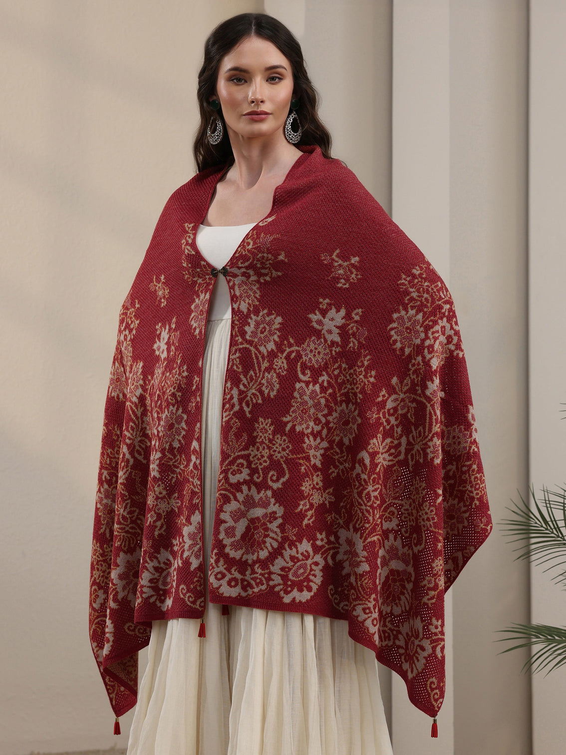 Mameraa Rust Floral Mesh Knitted Acrylic Wrap Shawl