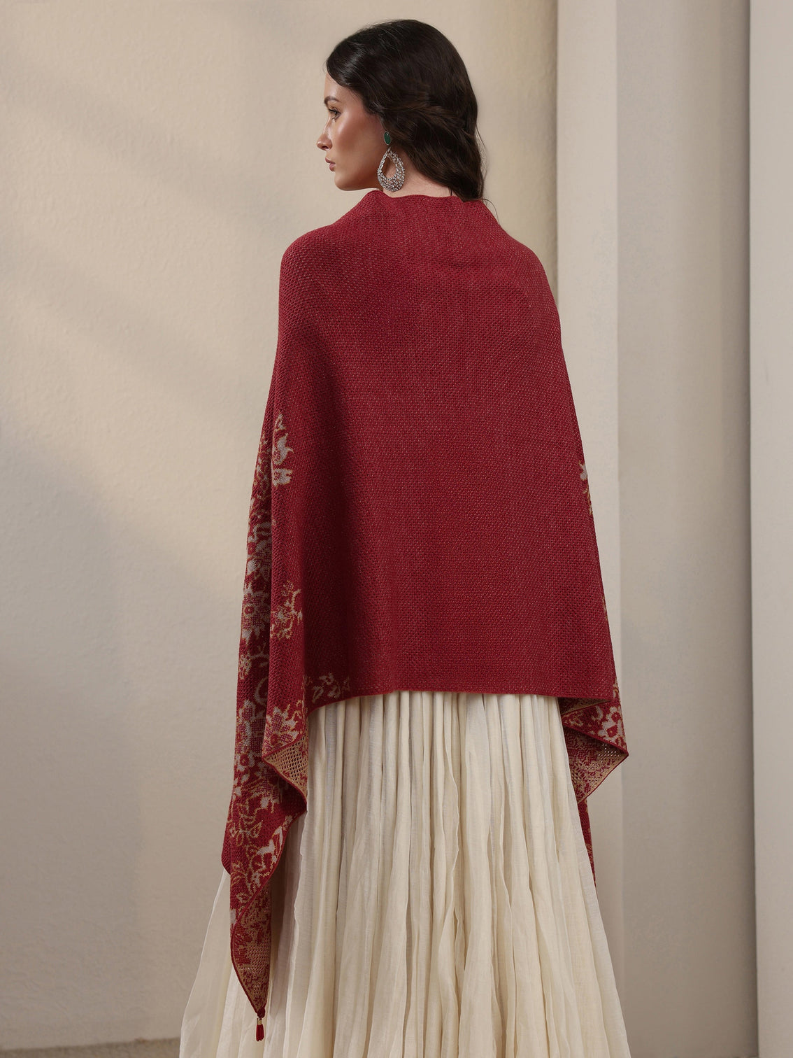 Mameraa Rust Floral Mesh Knitted Acrylic Wrap Shawl