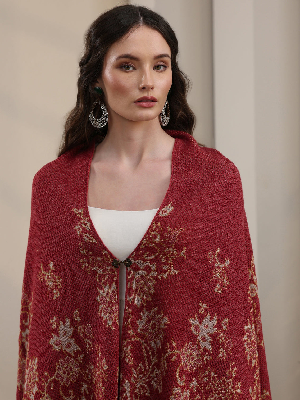 Mameraa Rust Floral Mesh Knitted Acrylic Wrap Shawl