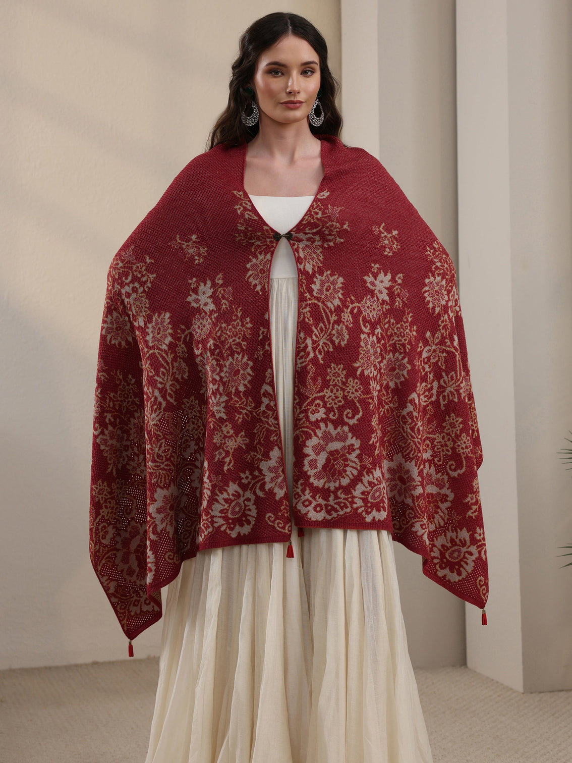 Mameraa Rust Floral Mesh Knitted Acrylic Wrap Shawl