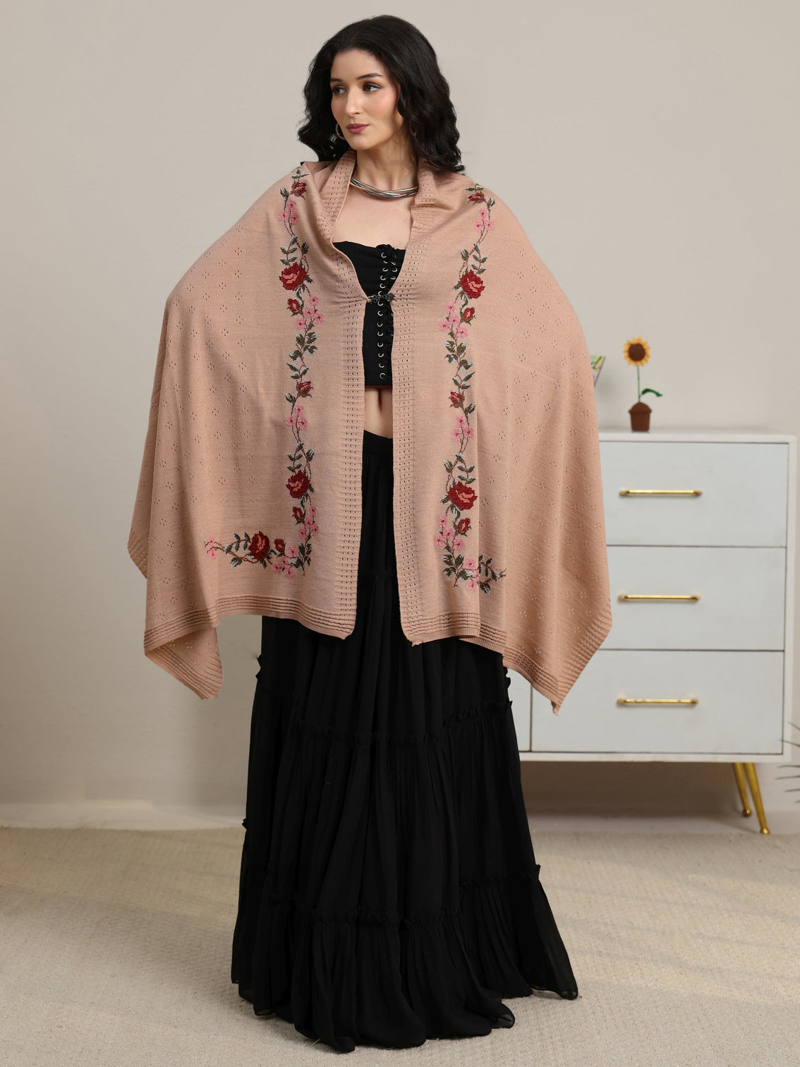 Mameraa Beige Floral Knitted Acrylic Wrap Shawl