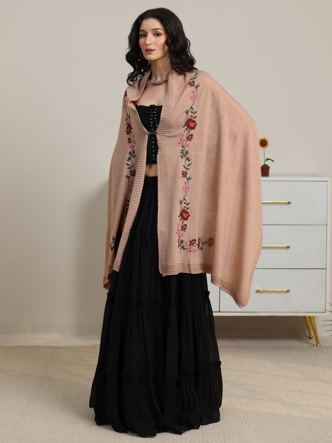 Mameraa Beige Floral Knitted Acrylic Wrap Shawl