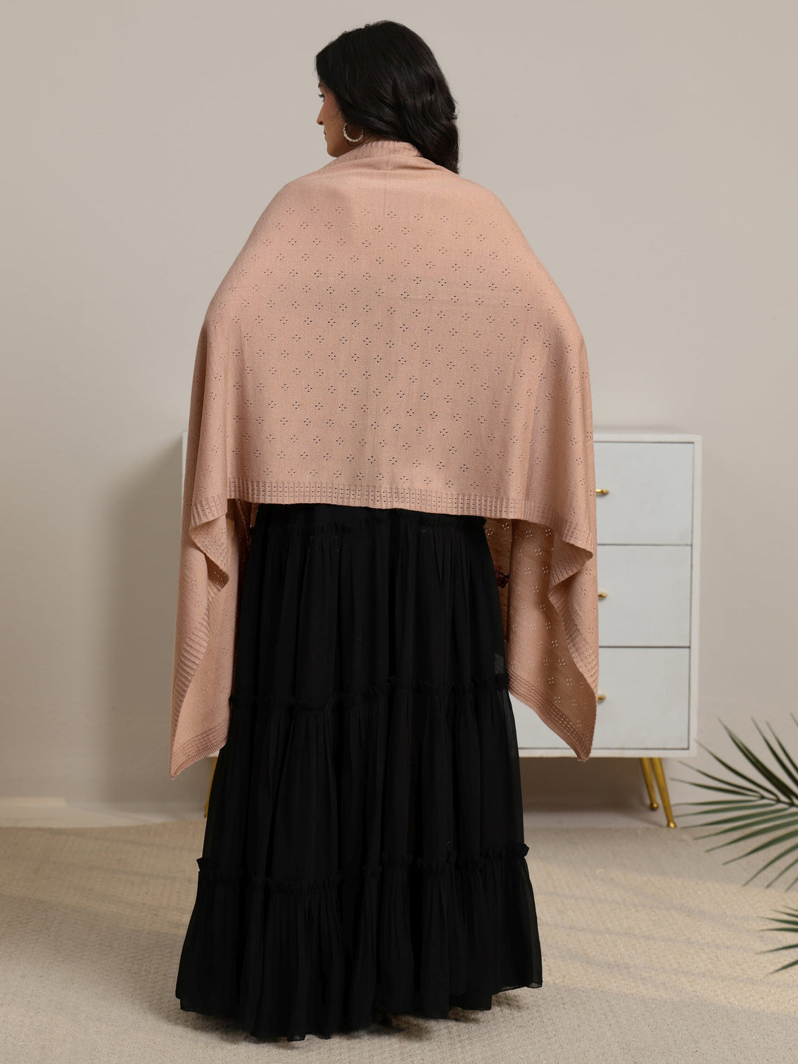Mameraa Beige Floral Knitted Acrylic Wrap Shawl