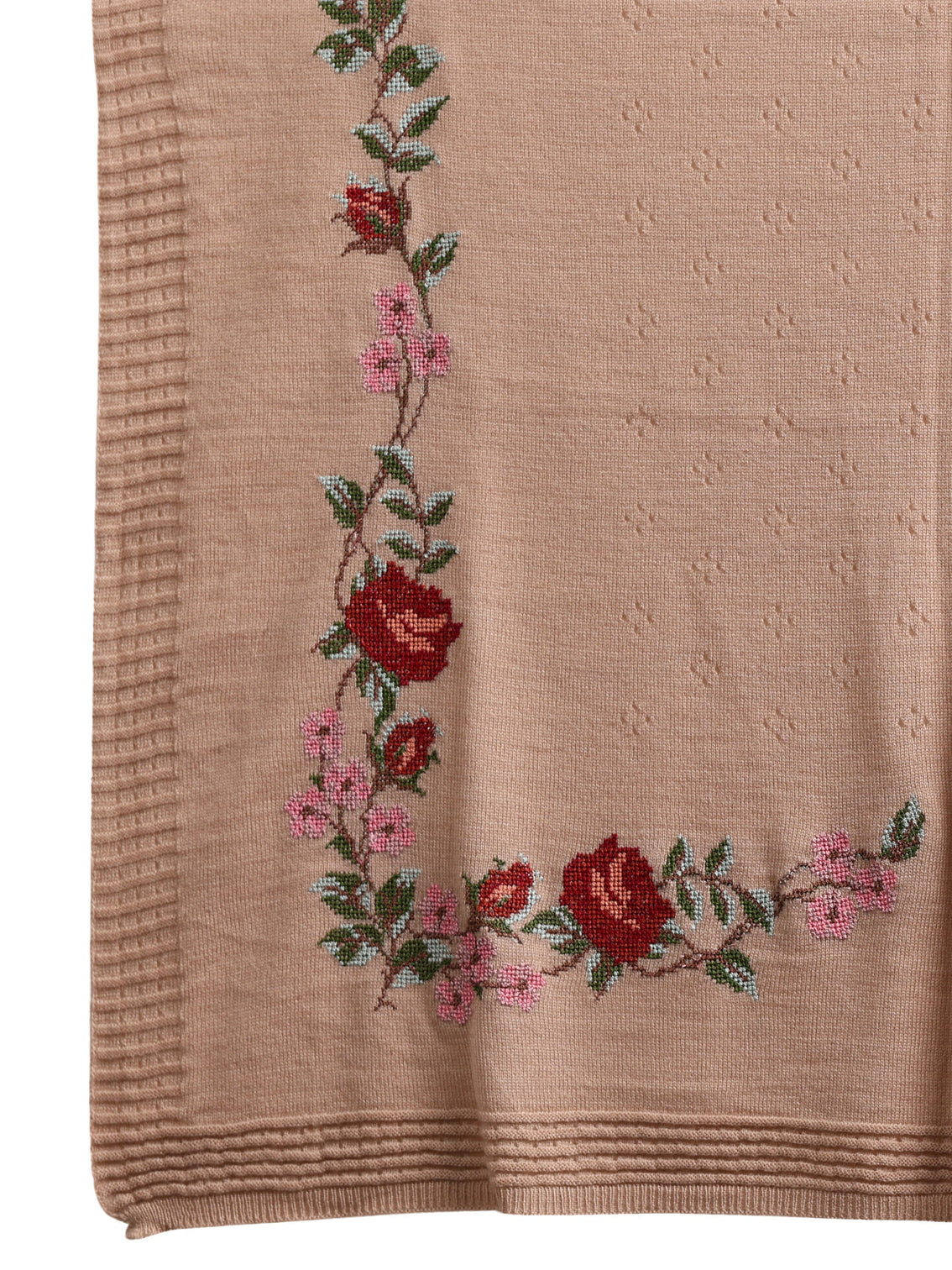 Mameraa Beige Floral Knitted Acrylic Wrap Shawl