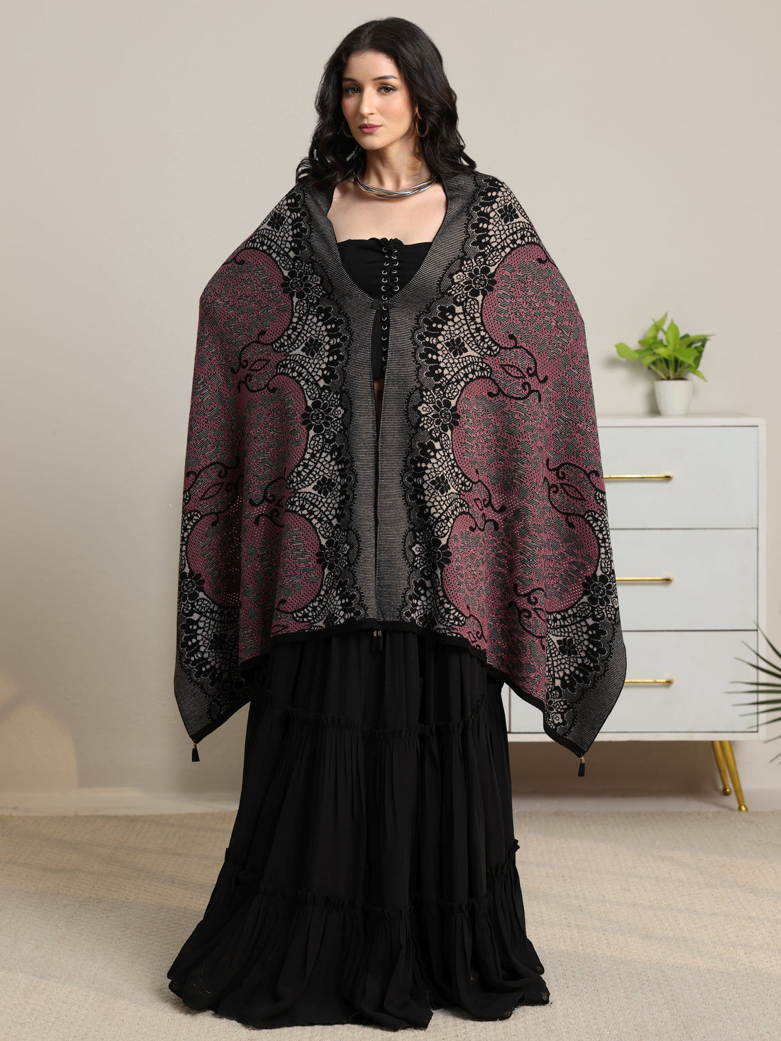 Mameraa Pink Ethnic Knitted Acrylic Wrap Shawl