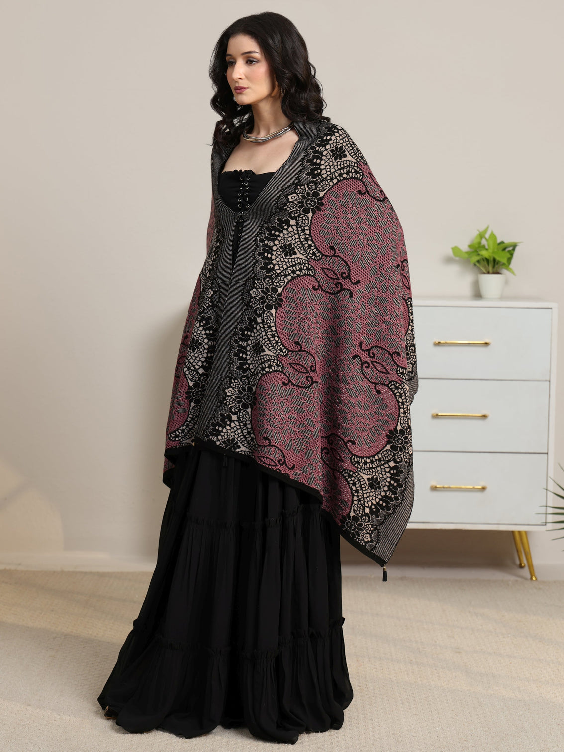 Mameraa Pink Ethnic Knitted Acrylic Wrap Shawl