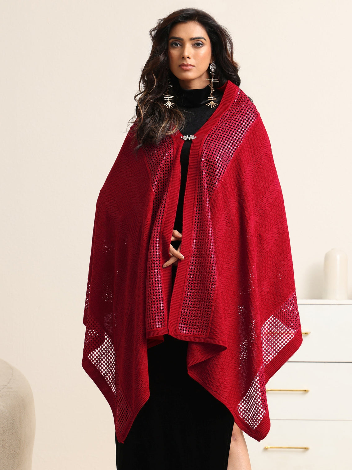 Mameraa Crimson Red Mesh Knitted Acrylic Wrap Shawl