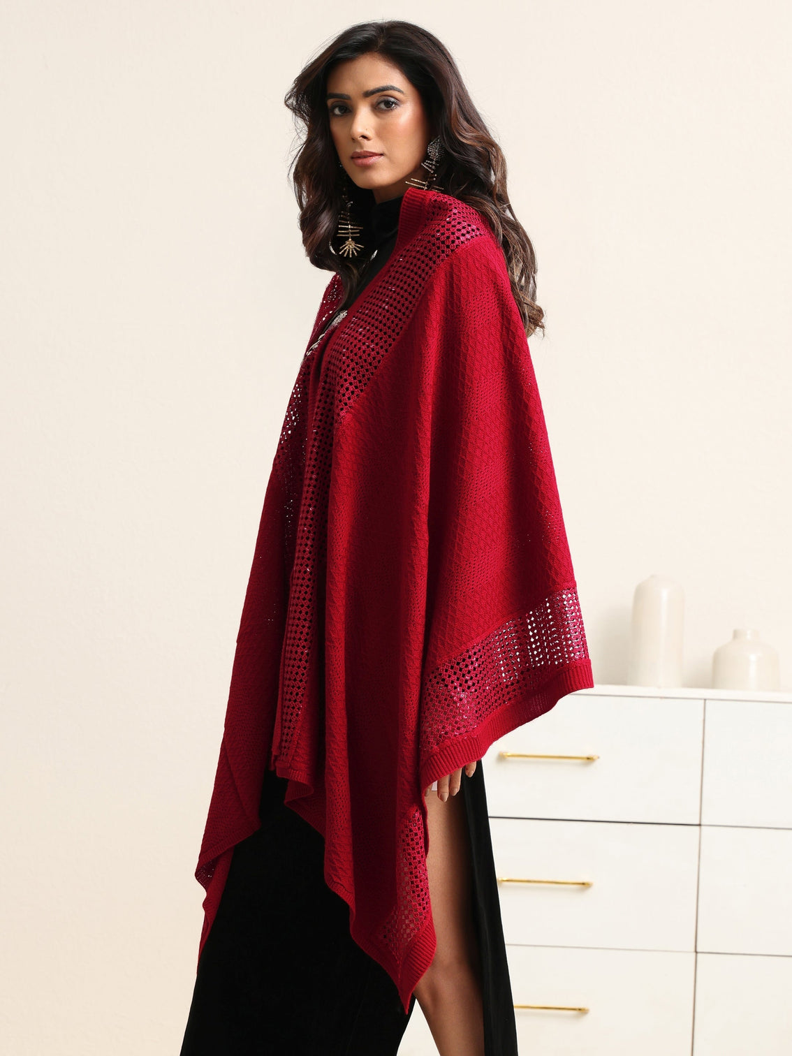 Mameraa Crimson Red Mesh Knitted Acrylic Wrap Shawl