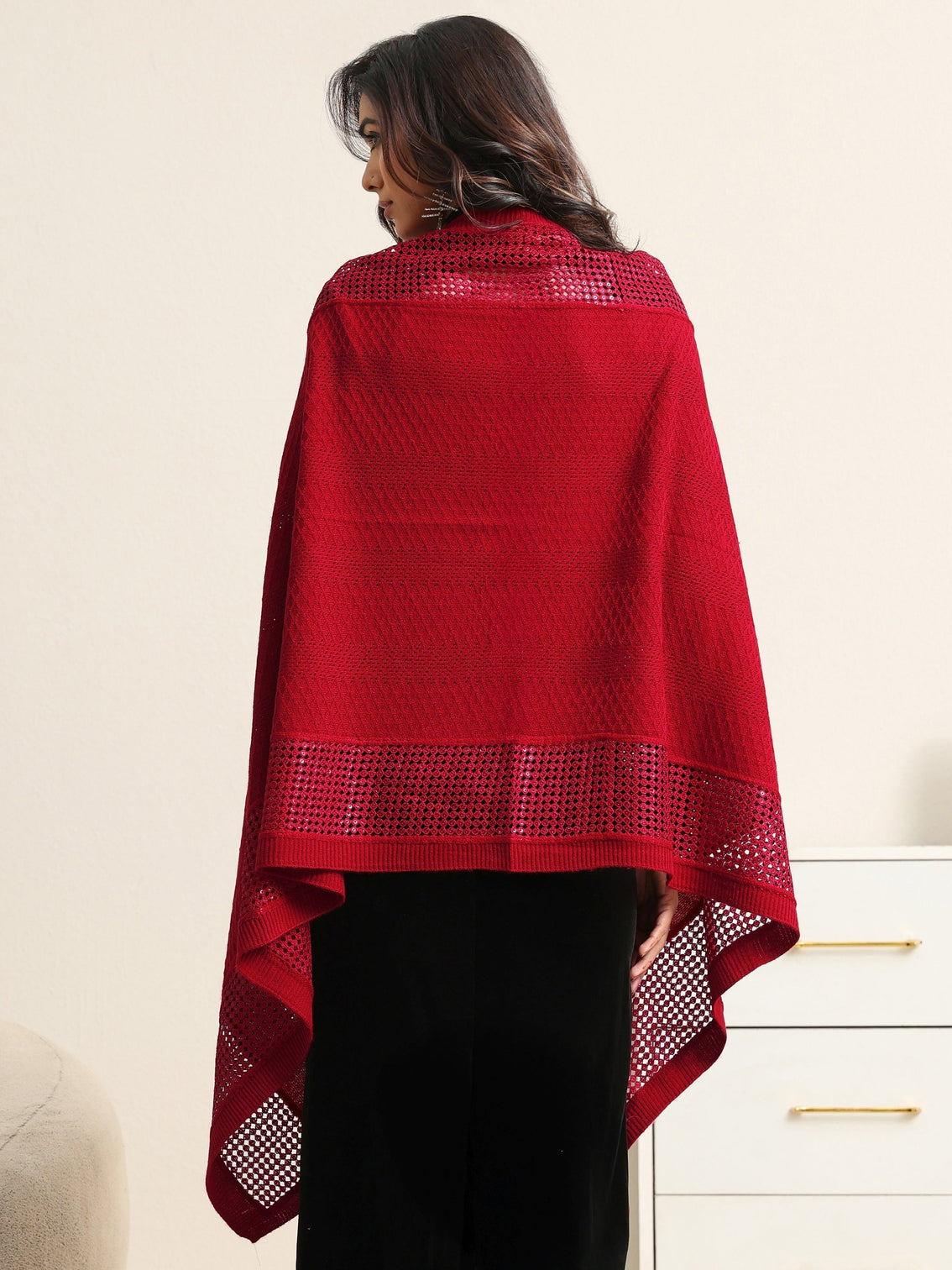 Mameraa Crimson Red Mesh Knitted Acrylic Wrap Shawl