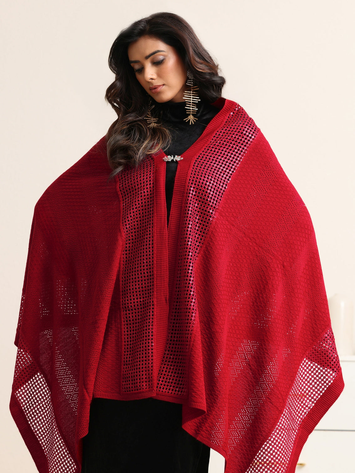 Mameraa Crimson Red Mesh Knitted Acrylic Wrap Shawl
