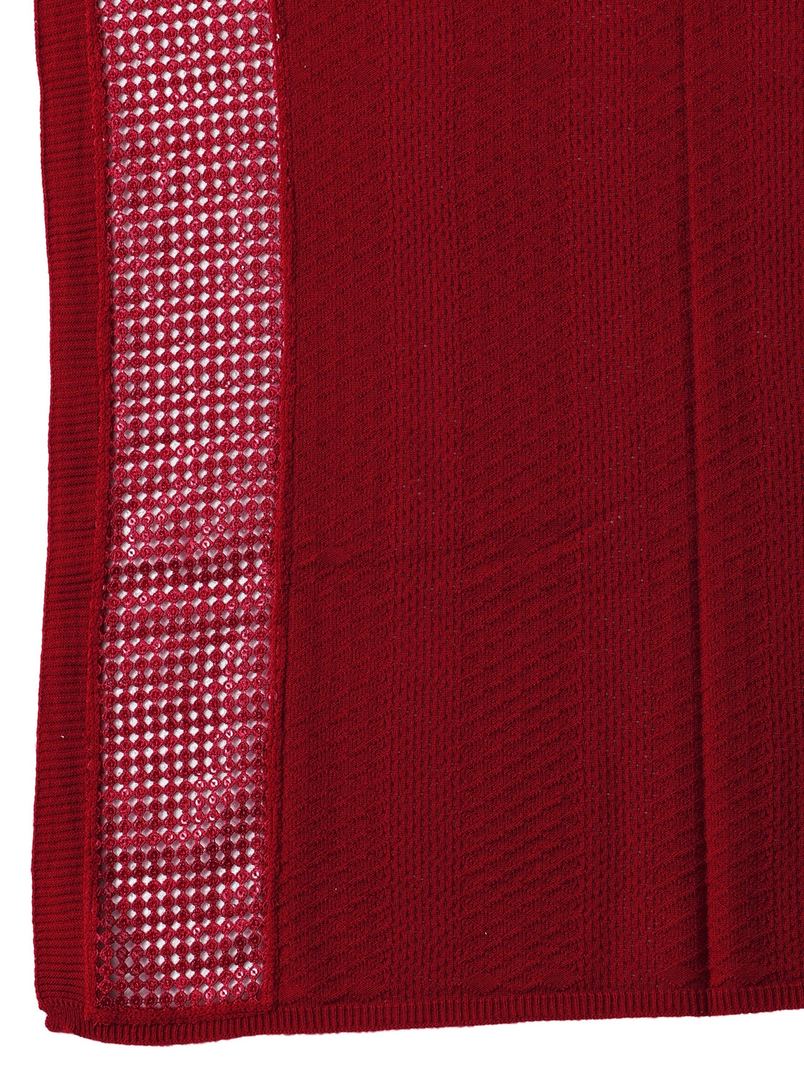 Mameraa Crimson Red Mesh Knitted Acrylic Wrap Shawl