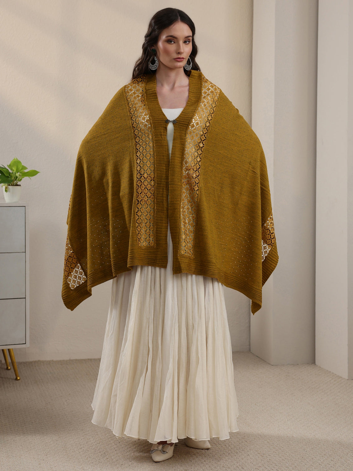 Mameraa Mustard Mesh Knitted Acrylic Wrap Shawl