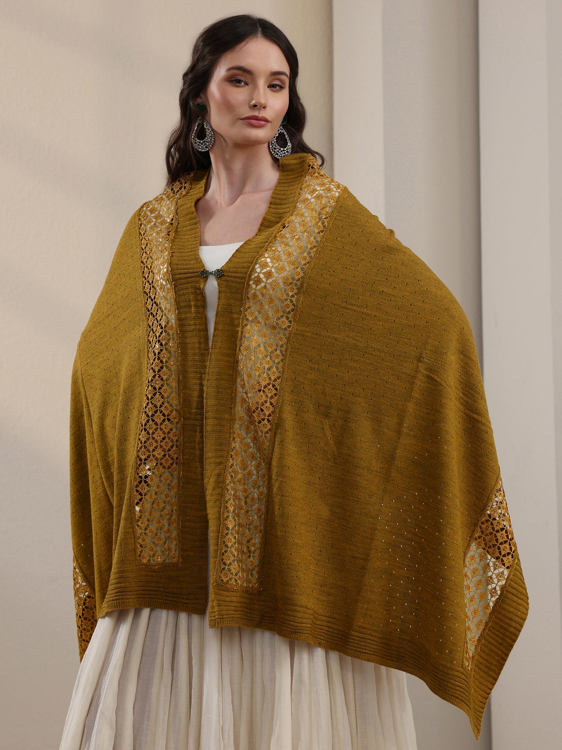 Mameraa Mustard Mesh Knitted Acrylic Wrap Shawl