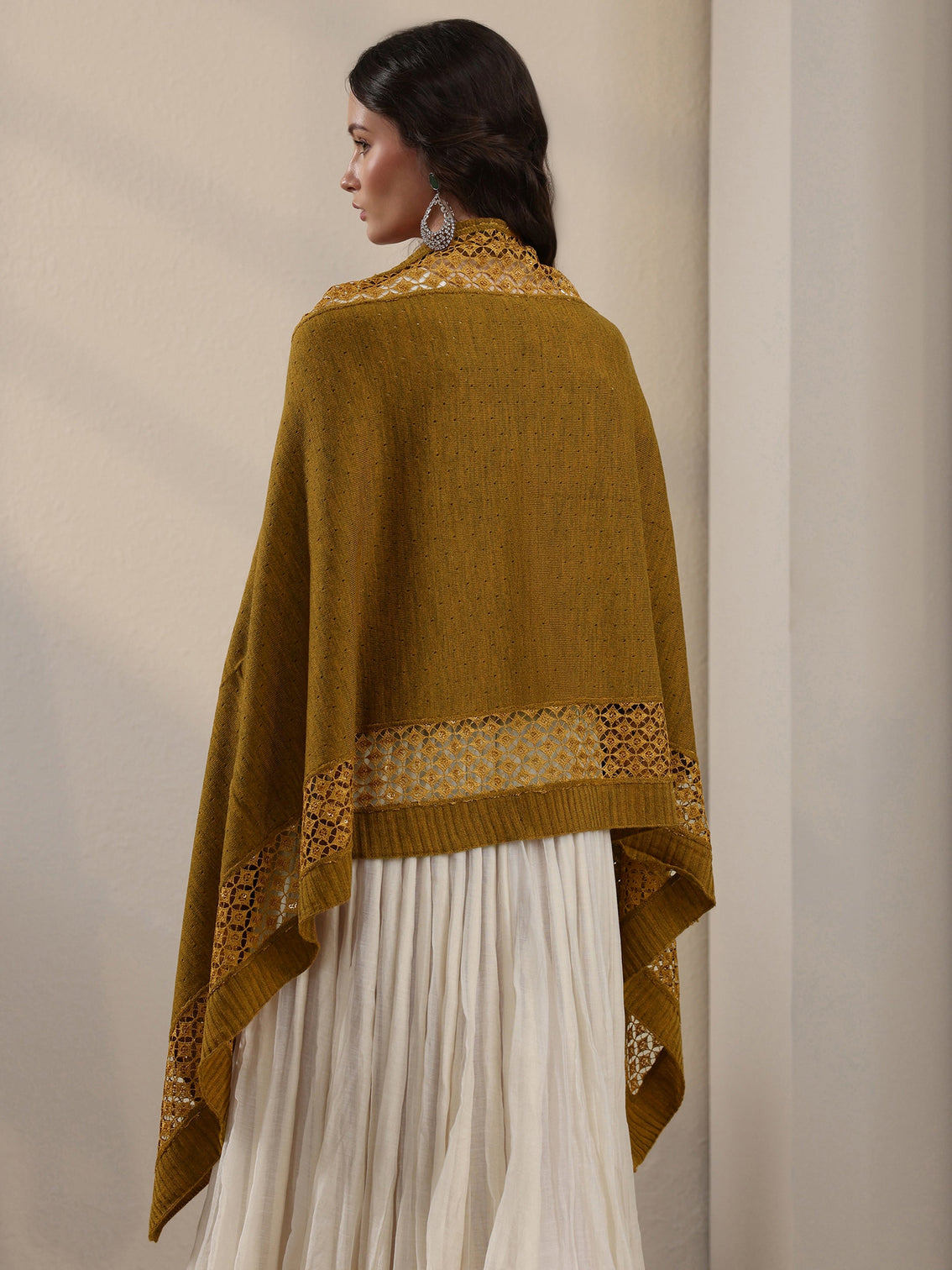 Mameraa Mustard Mesh Knitted Acrylic Wrap Shawl