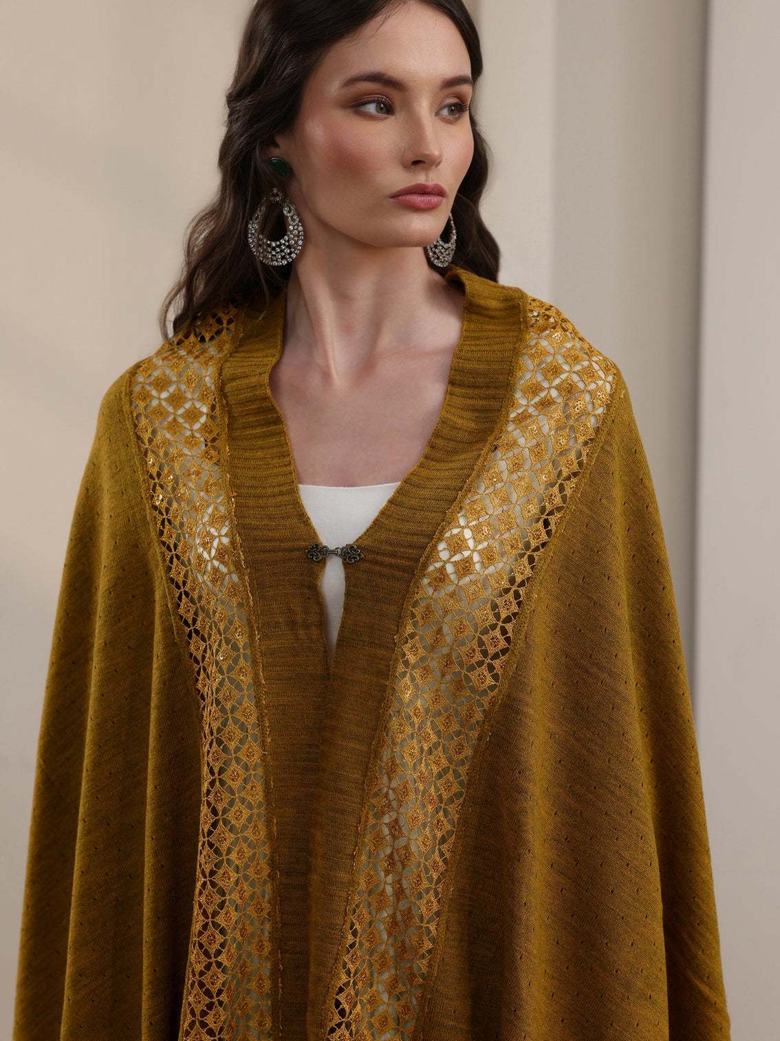 Mameraa Mustard Mesh Knitted Acrylic Wrap Shawl