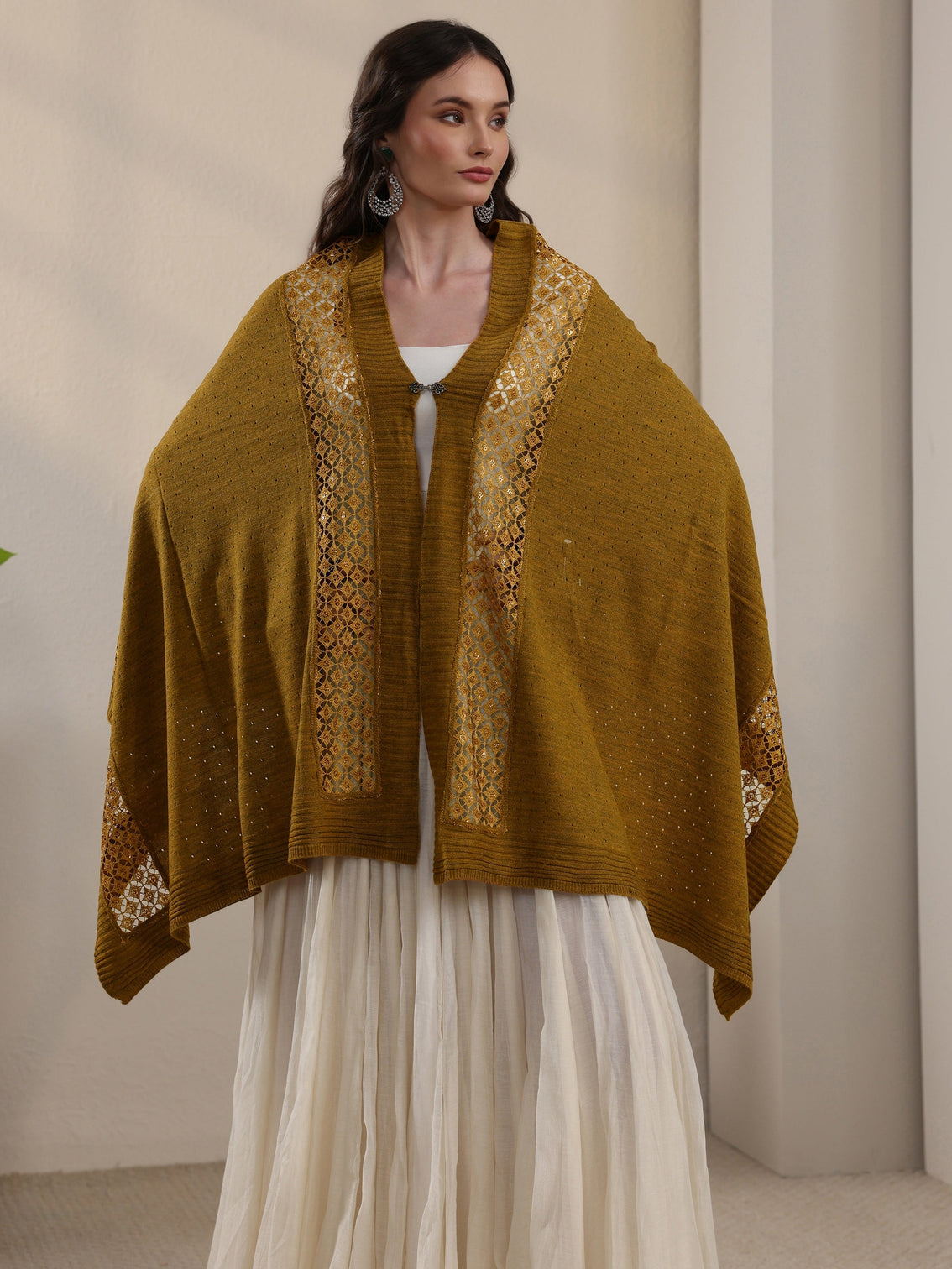 Mameraa Mustard Mesh Knitted Acrylic Wrap Shawl