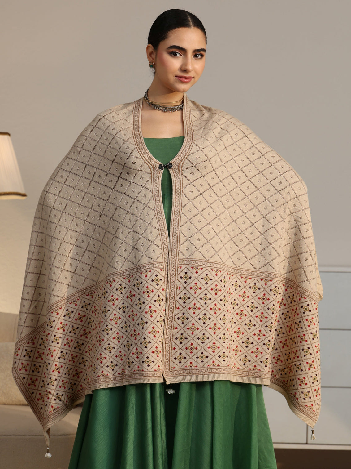 Mameraa Off White Geometric Knitted Acrylic Wrap Shawl