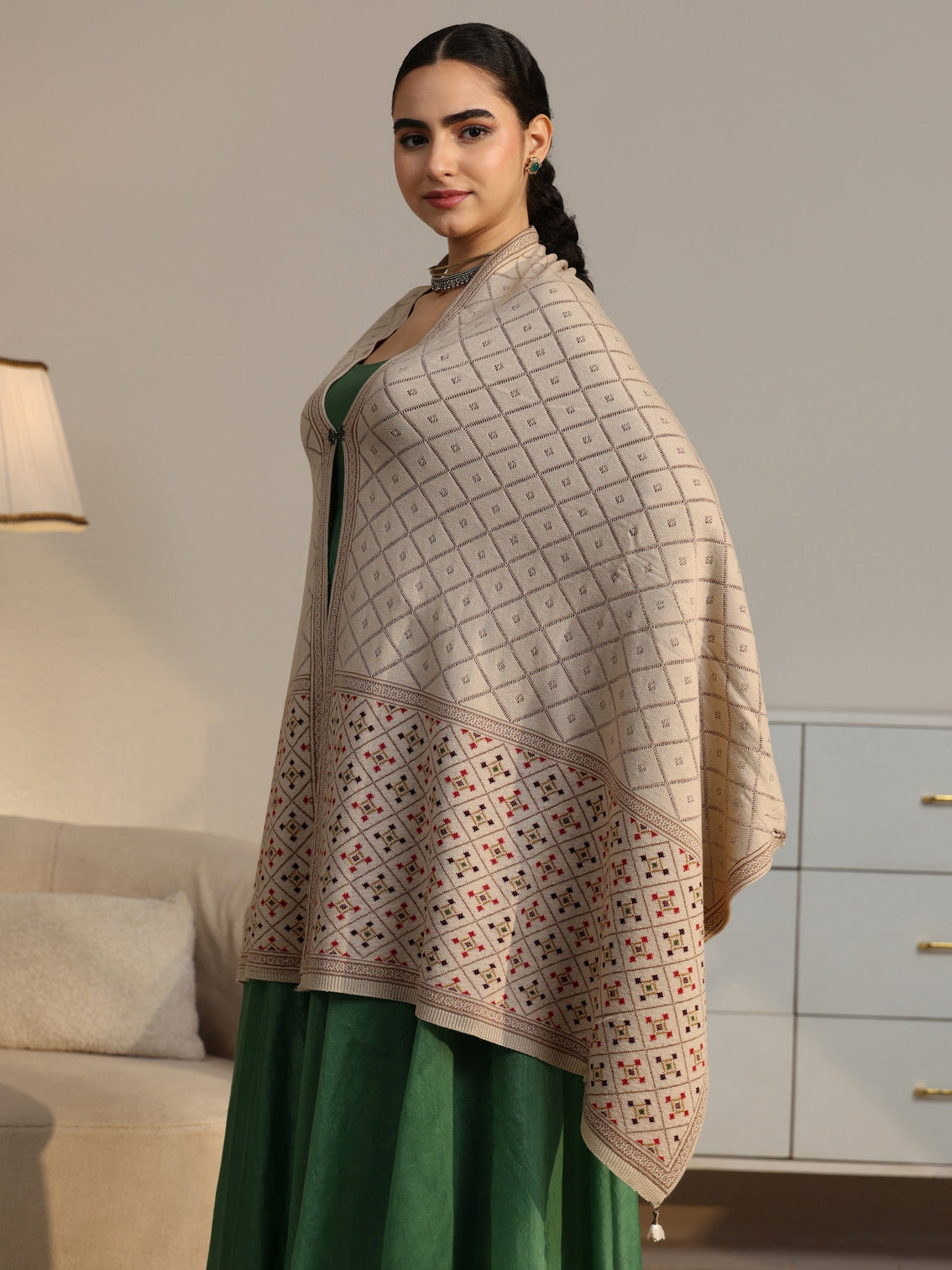 Mameraa Off White Geometric Knitted Acrylic Wrap Shawl