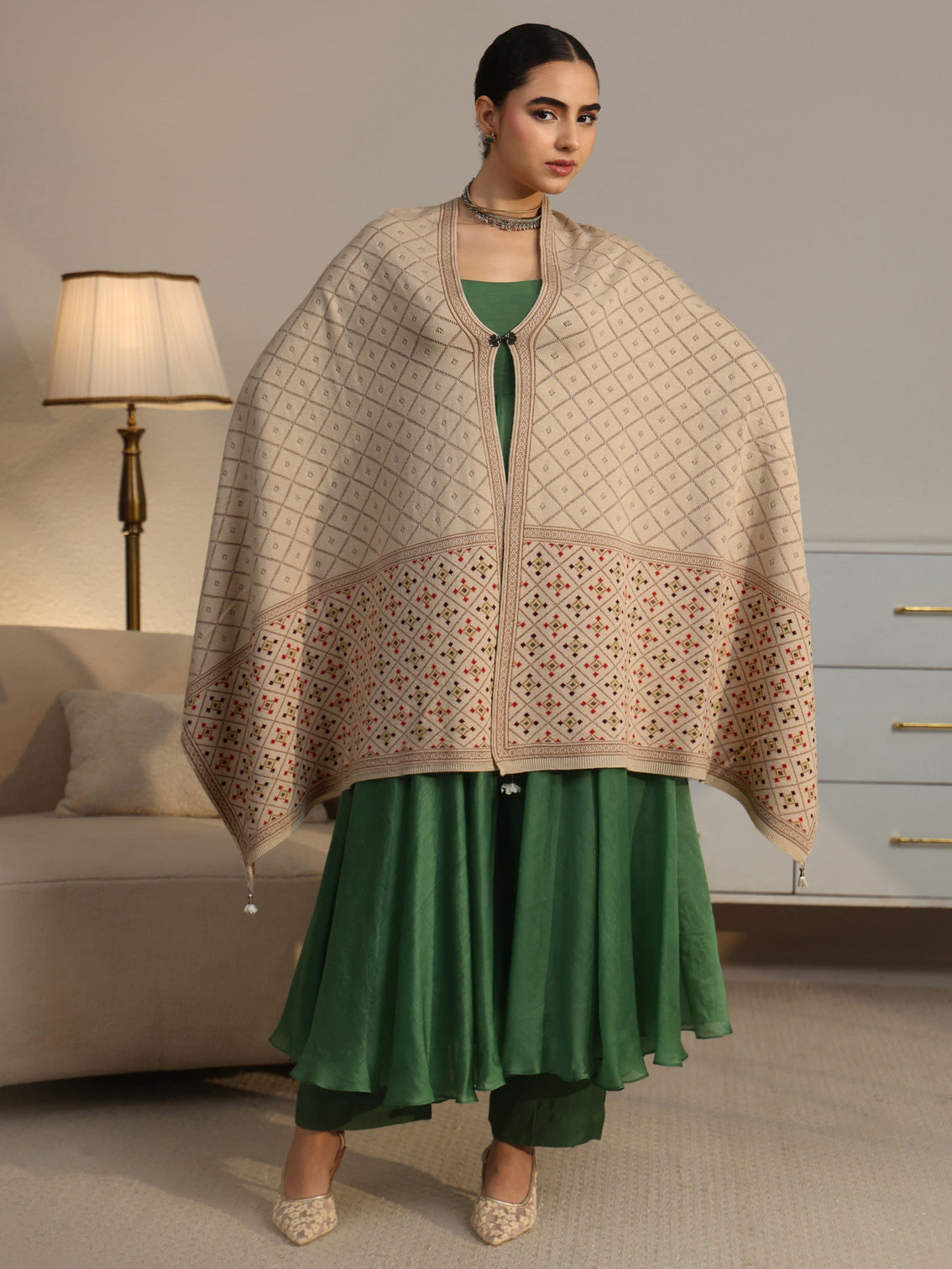 Mameraa Off White Geometric Knitted Acrylic Wrap Shawl