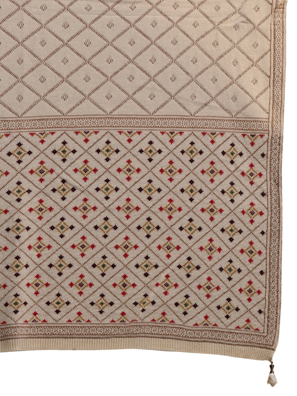 Mameraa Off White Geometric Knitted Acrylic Wrap Shawl