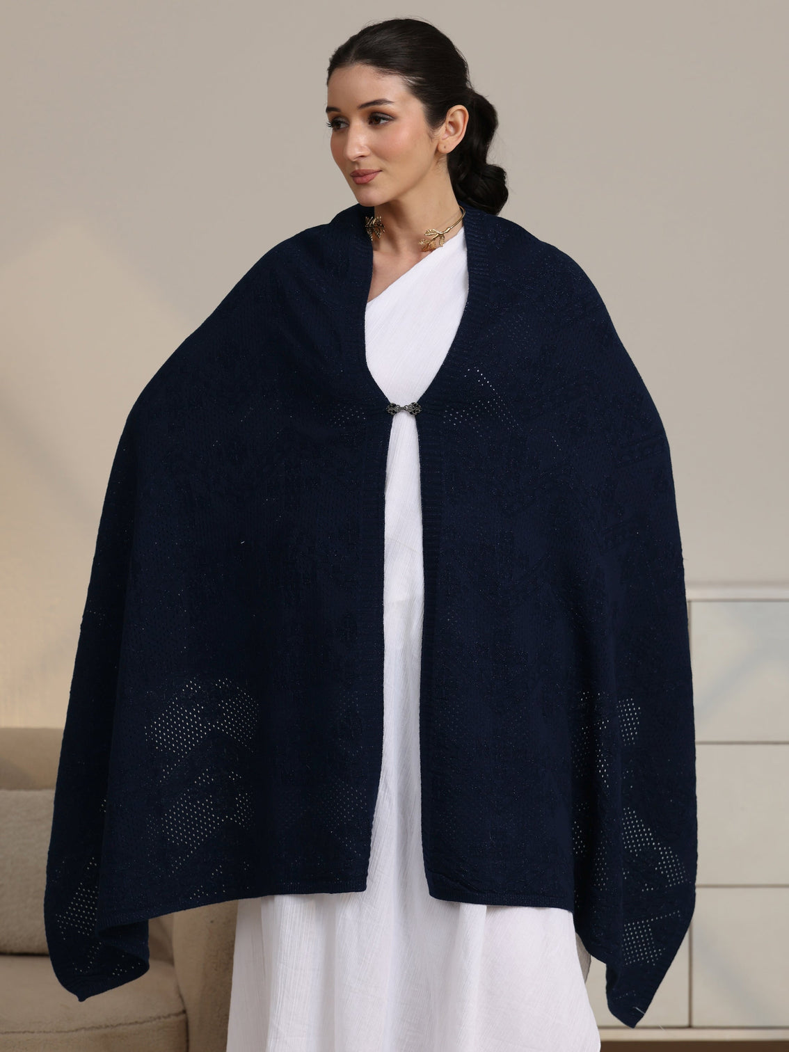 Mameraa Navy Blue Knitted Acrylic Wrap Shawl