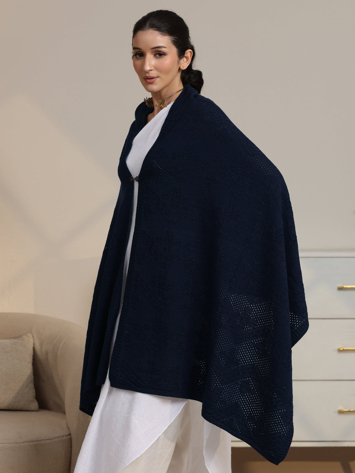 Mameraa Navy Blue Knitted Acrylic Wrap Shawl