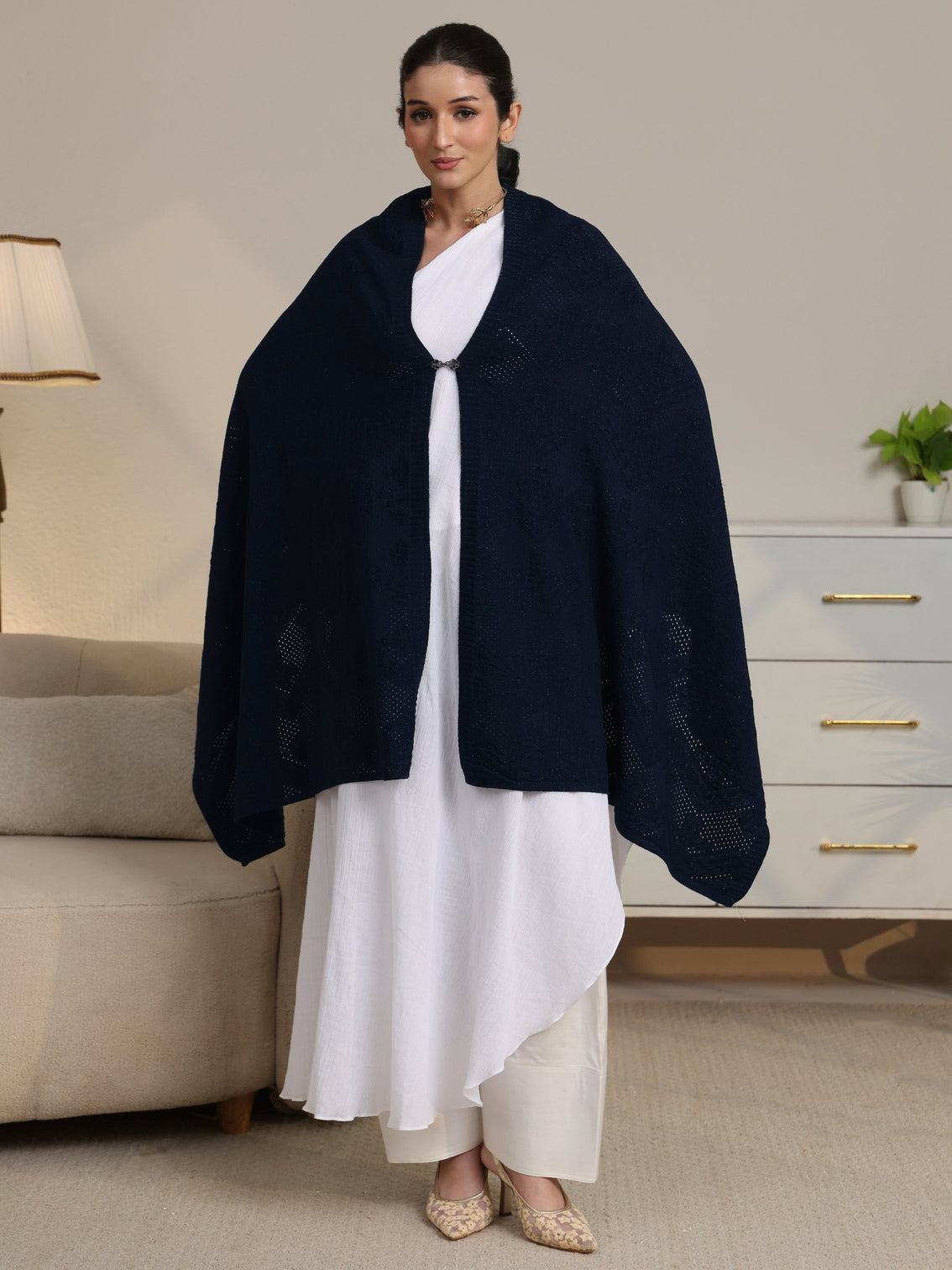 Mameraa Navy Blue Knitted Acrylic Wrap Shawl