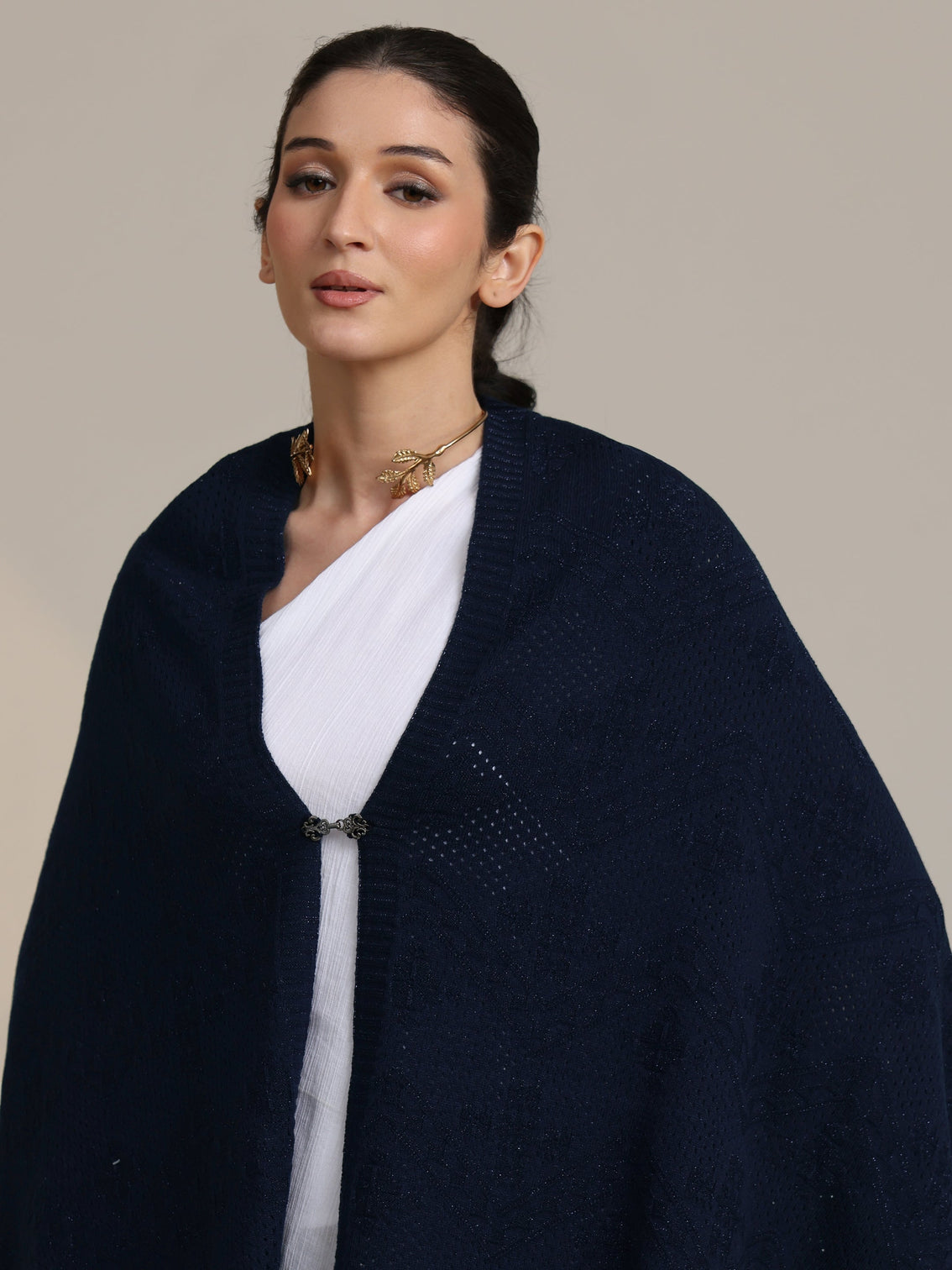 Mameraa Navy Blue Knitted Acrylic Wrap Shawl