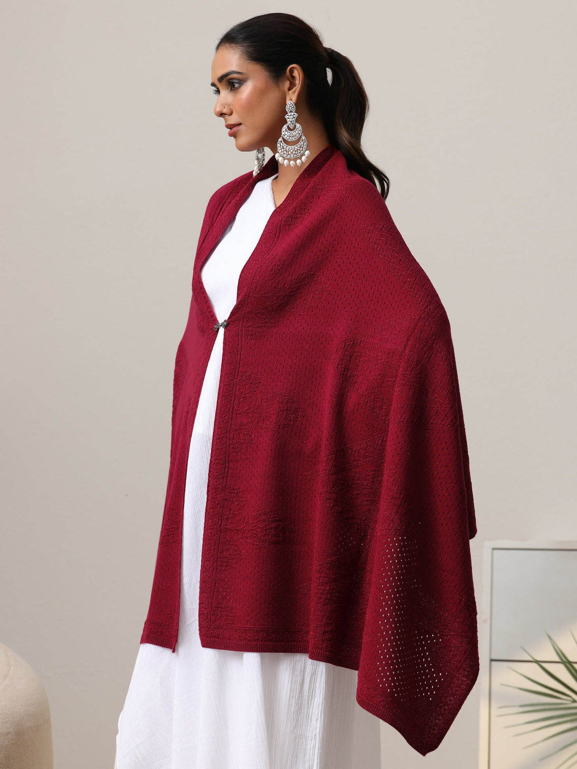 Mameraa Maroon Knitted Acrylic Wrap Shawl