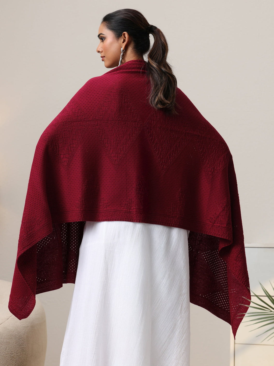Mameraa Maroon Knitted Acrylic Wrap Shawl