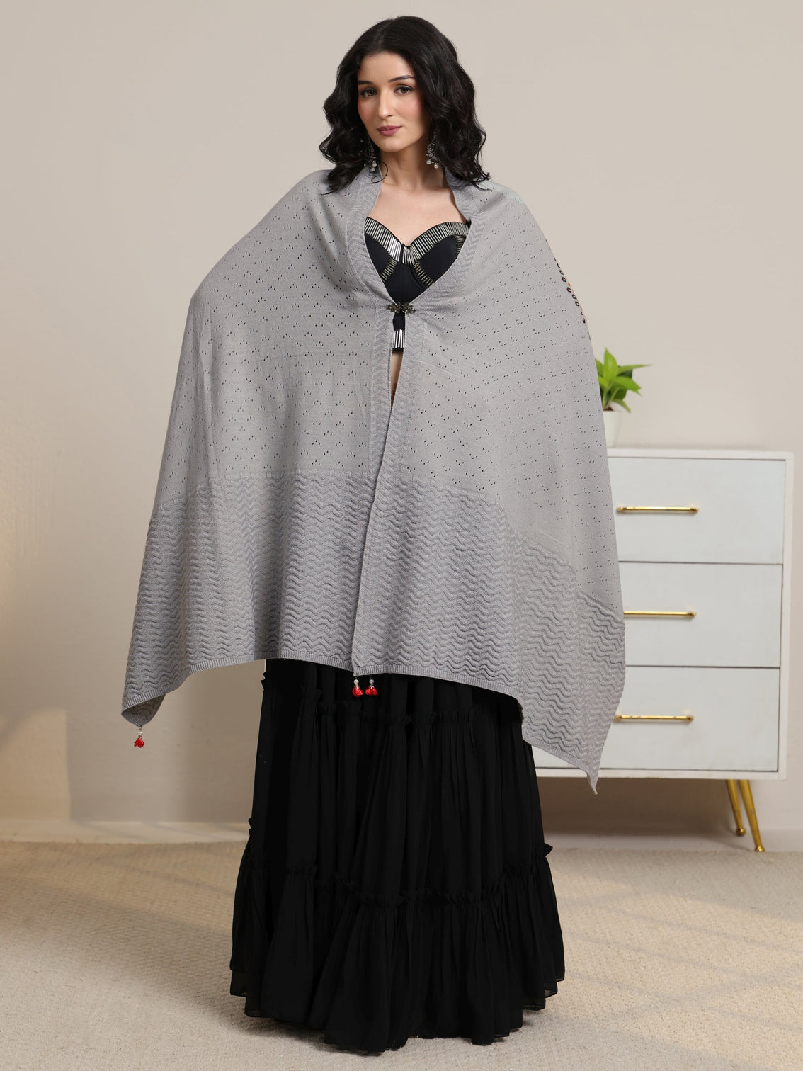 Mameraa Grey Floral Knitted Acrylic Wrap Shawl