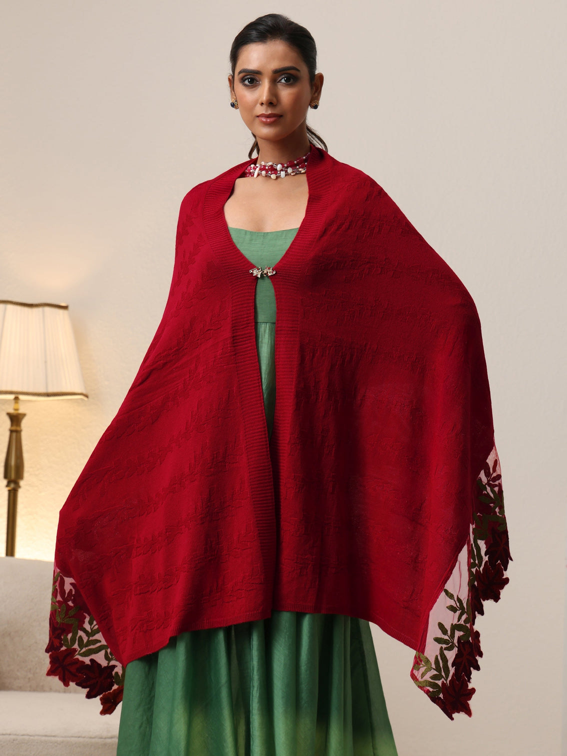 Mameraa Red Floral Knitted Acrylic Wrap Shawl