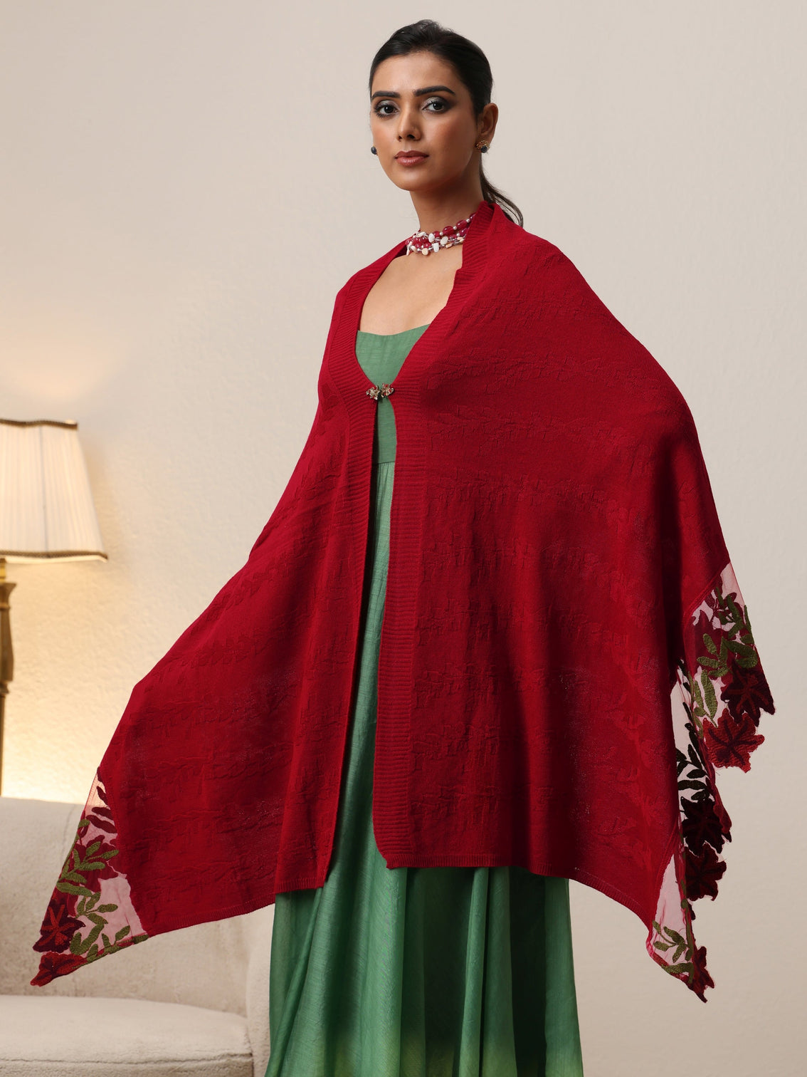 Mameraa Red Floral Knitted Acrylic Wrap Shawl