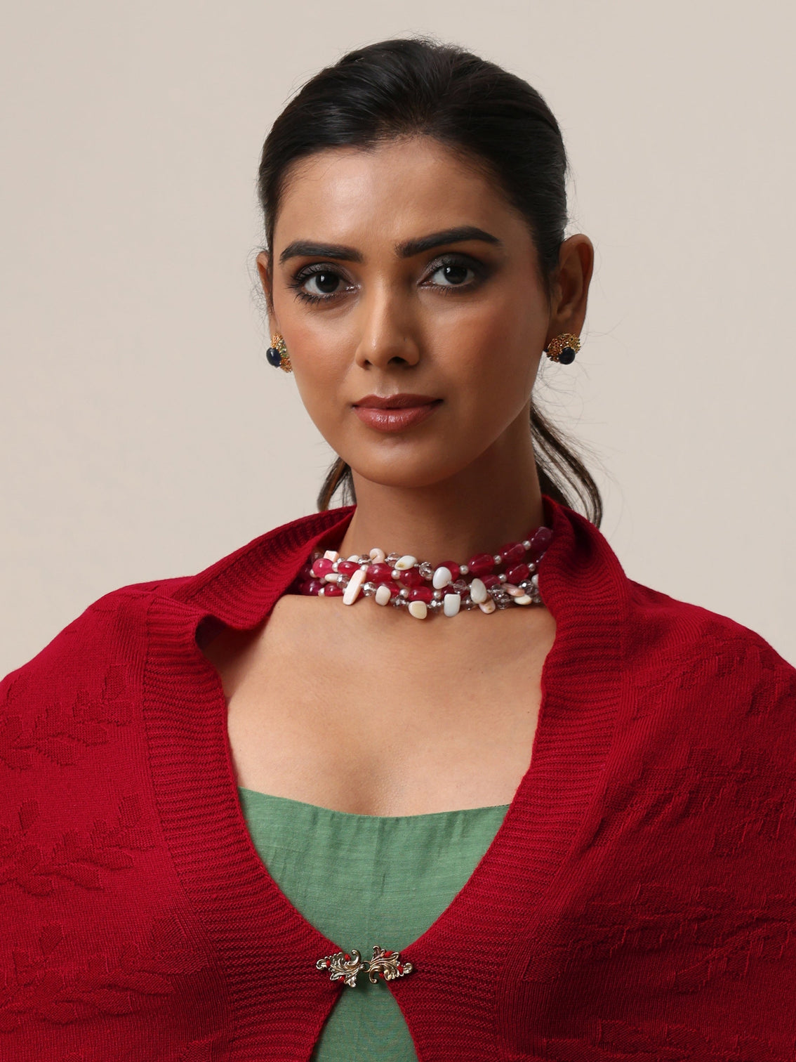 Mameraa Red Floral Knitted Acrylic Wrap Shawl