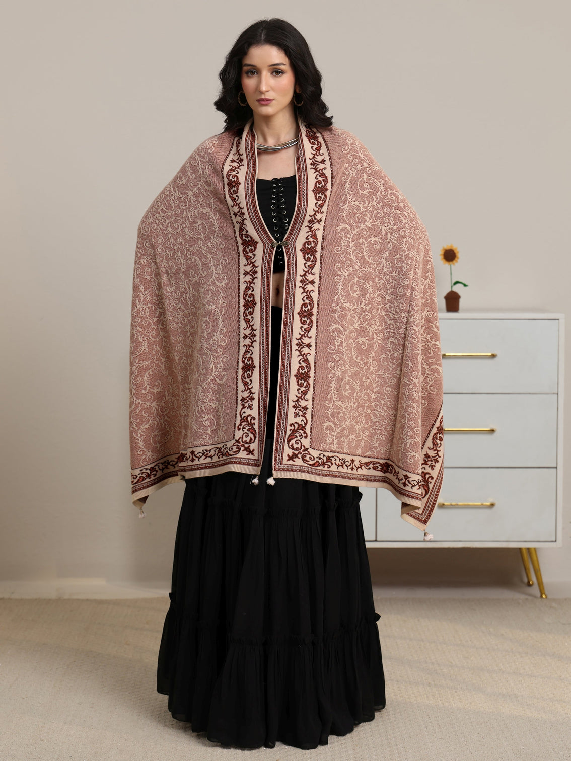 Mameraa Dusty Pink Floral Knitted Acrylic Wrap Shawl