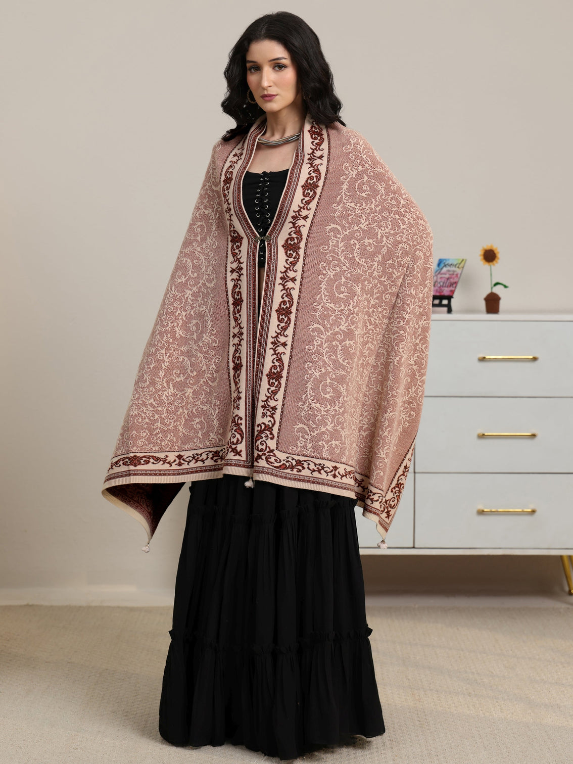 Mameraa Dusty Pink Floral Knitted Acrylic Wrap Shawl