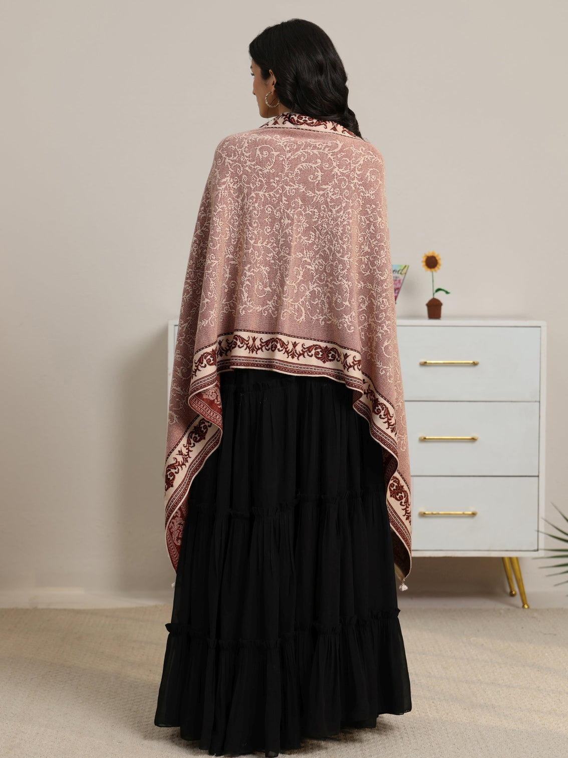 Mameraa Dusty Pink Floral Knitted Acrylic Wrap Shawl