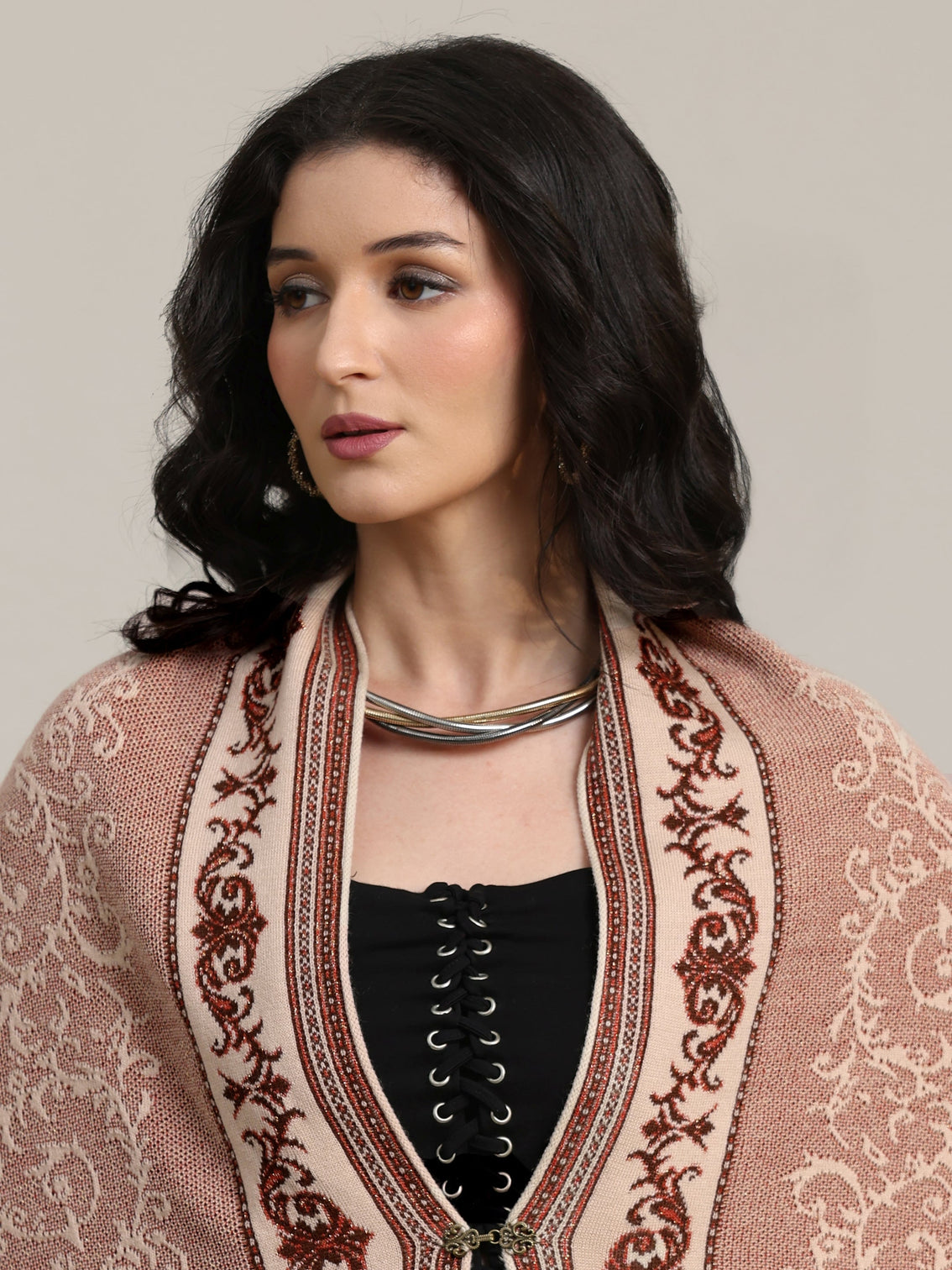 Mameraa Dusty Pink Floral Knitted Acrylic Wrap Shawl