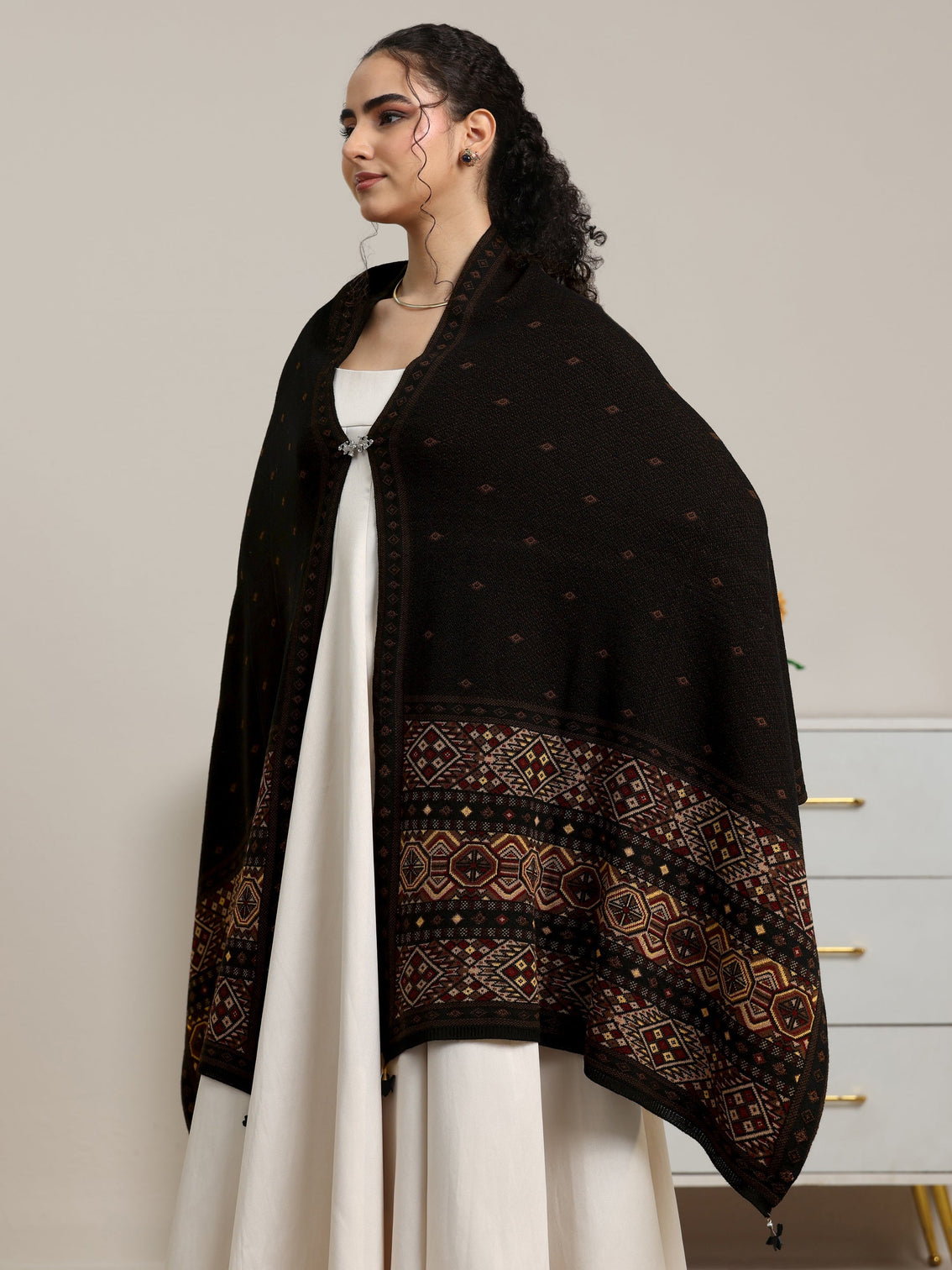 Mameraa Black Ethnic Knitted Acrylic Wrap Shawl