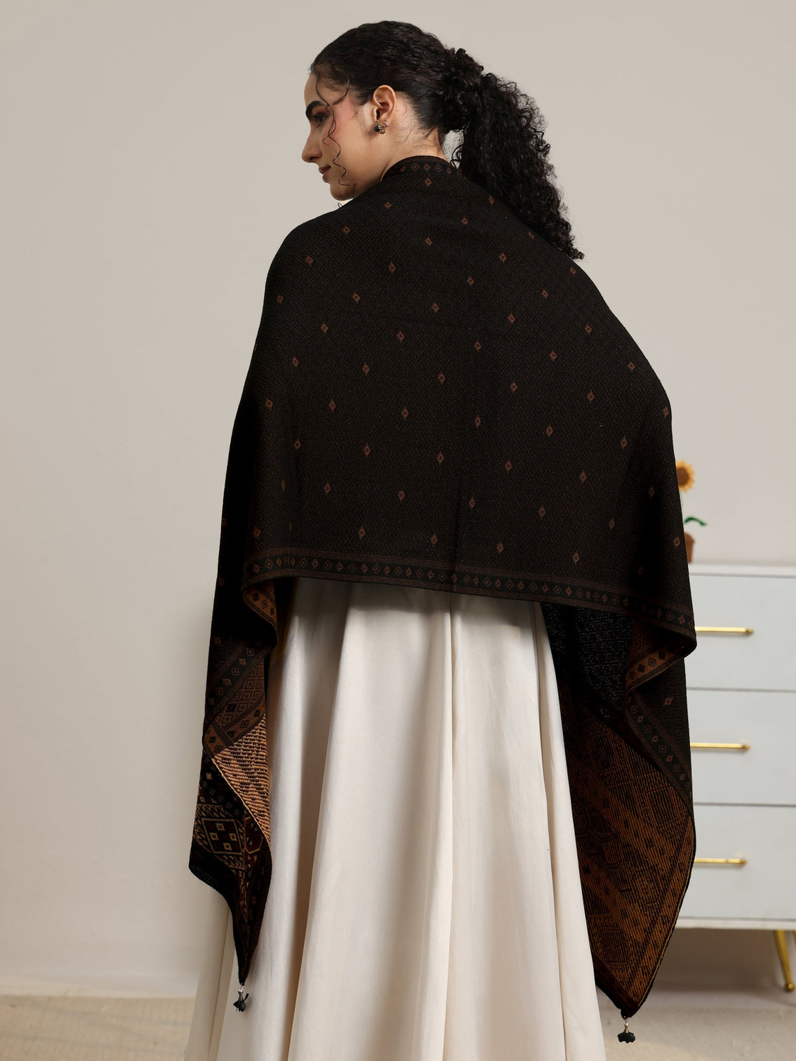 Mameraa Black Ethnic Knitted Acrylic Wrap Shawl