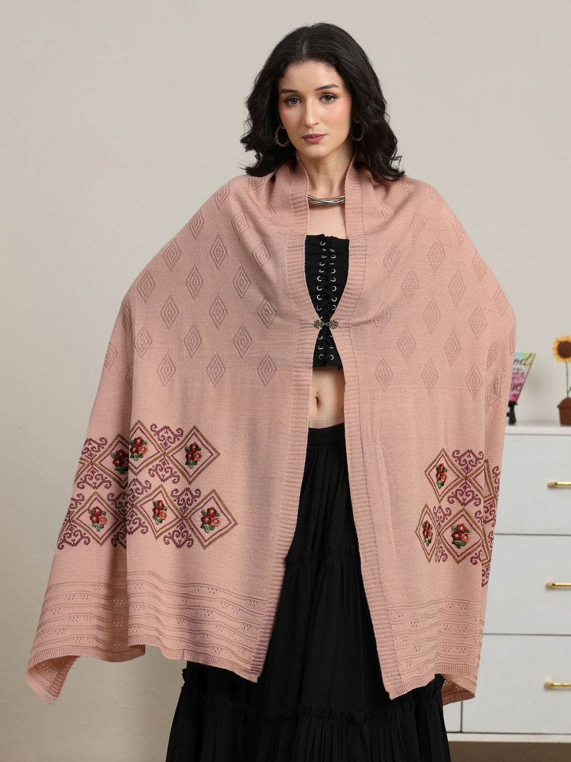 Mameraa Baby Pink Geometric Knitted Acrylic Wrap Shawl