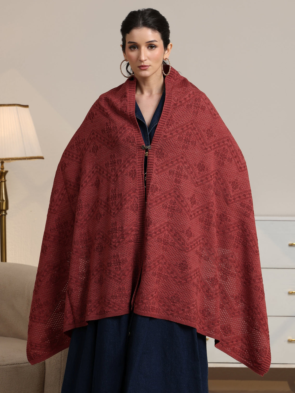 Mameraa Rust Red Chevron Knitted Acrylic Wrap Shawl
