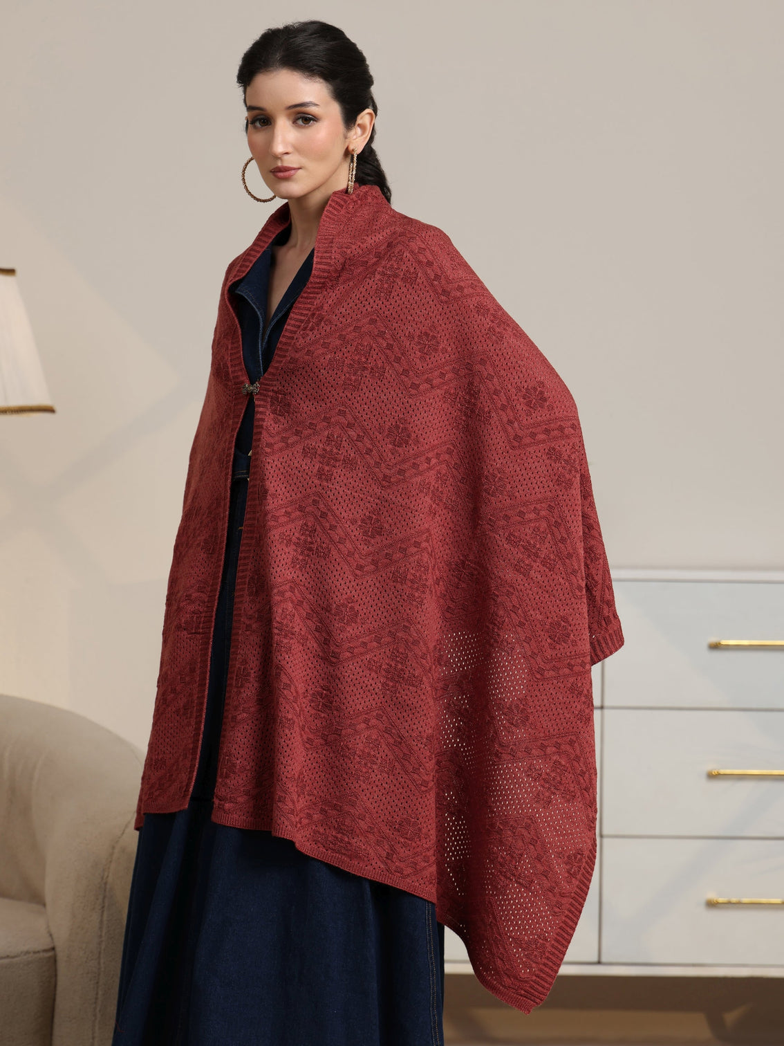 Mameraa Rust Red Chevron Knitted Acrylic Wrap Shawl