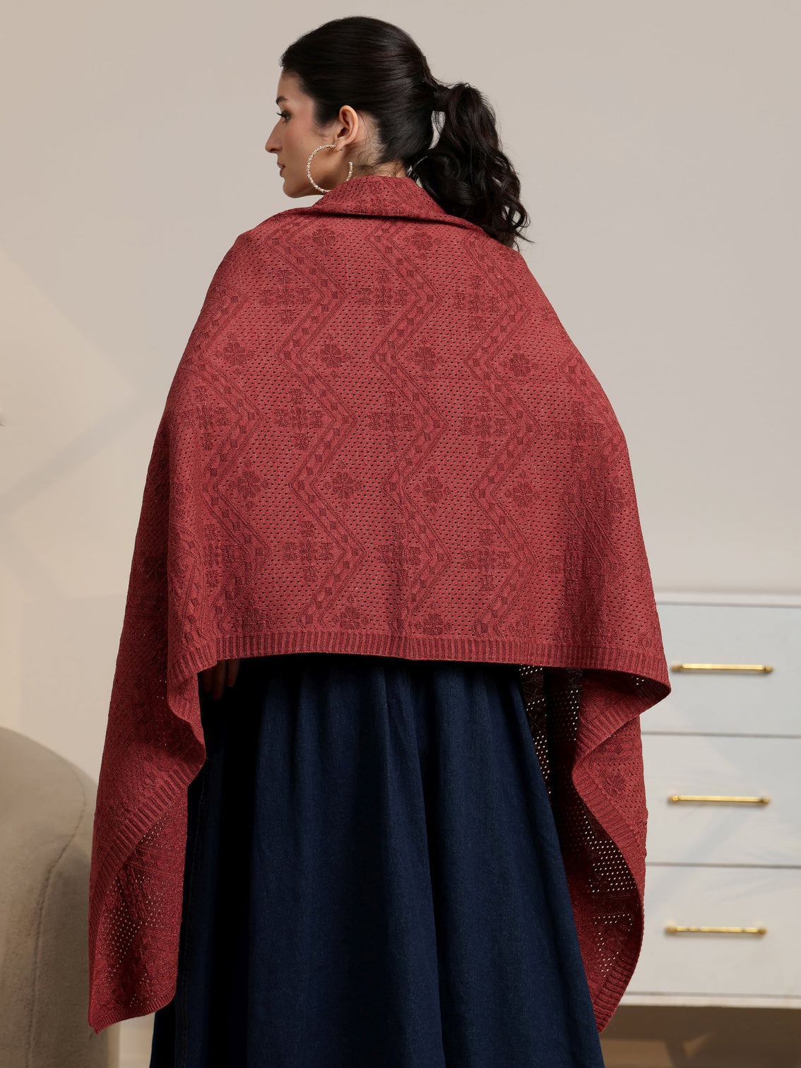Mameraa Rust Red Chevron Knitted Acrylic Wrap Shawl