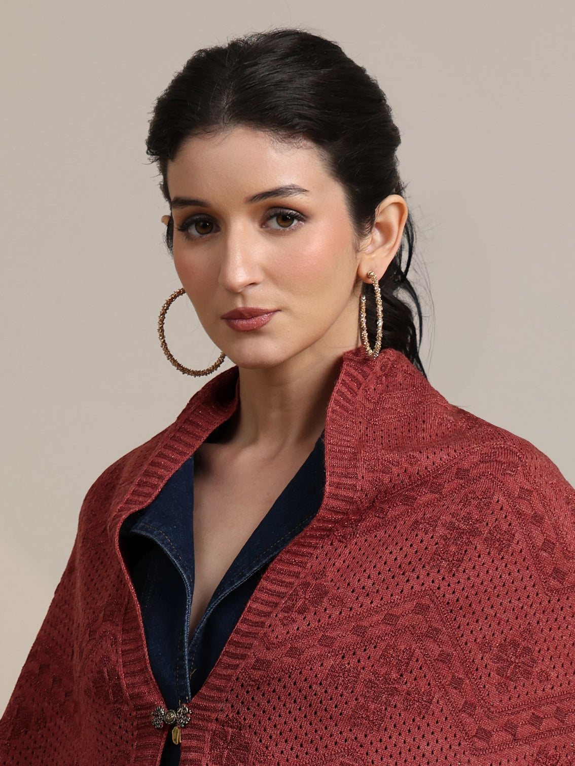 Mameraa Rust Red Chevron Knitted Acrylic Wrap Shawl