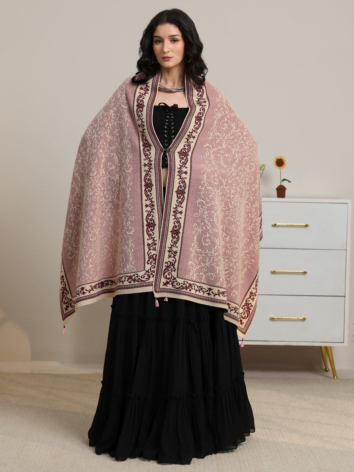 Mameraa Dusty Pink Floral Knitted Acrylic Wrap Shawl