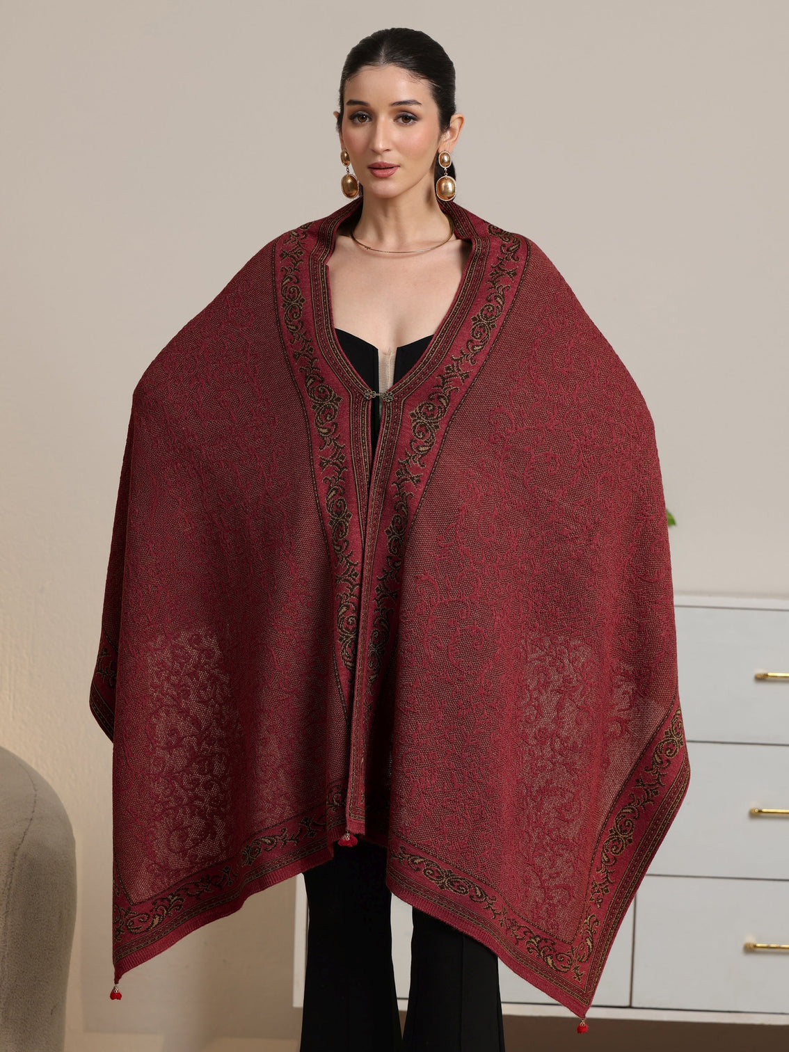 Mameraa Rust Red Floral Knitted Acrylic Wrap Shawl