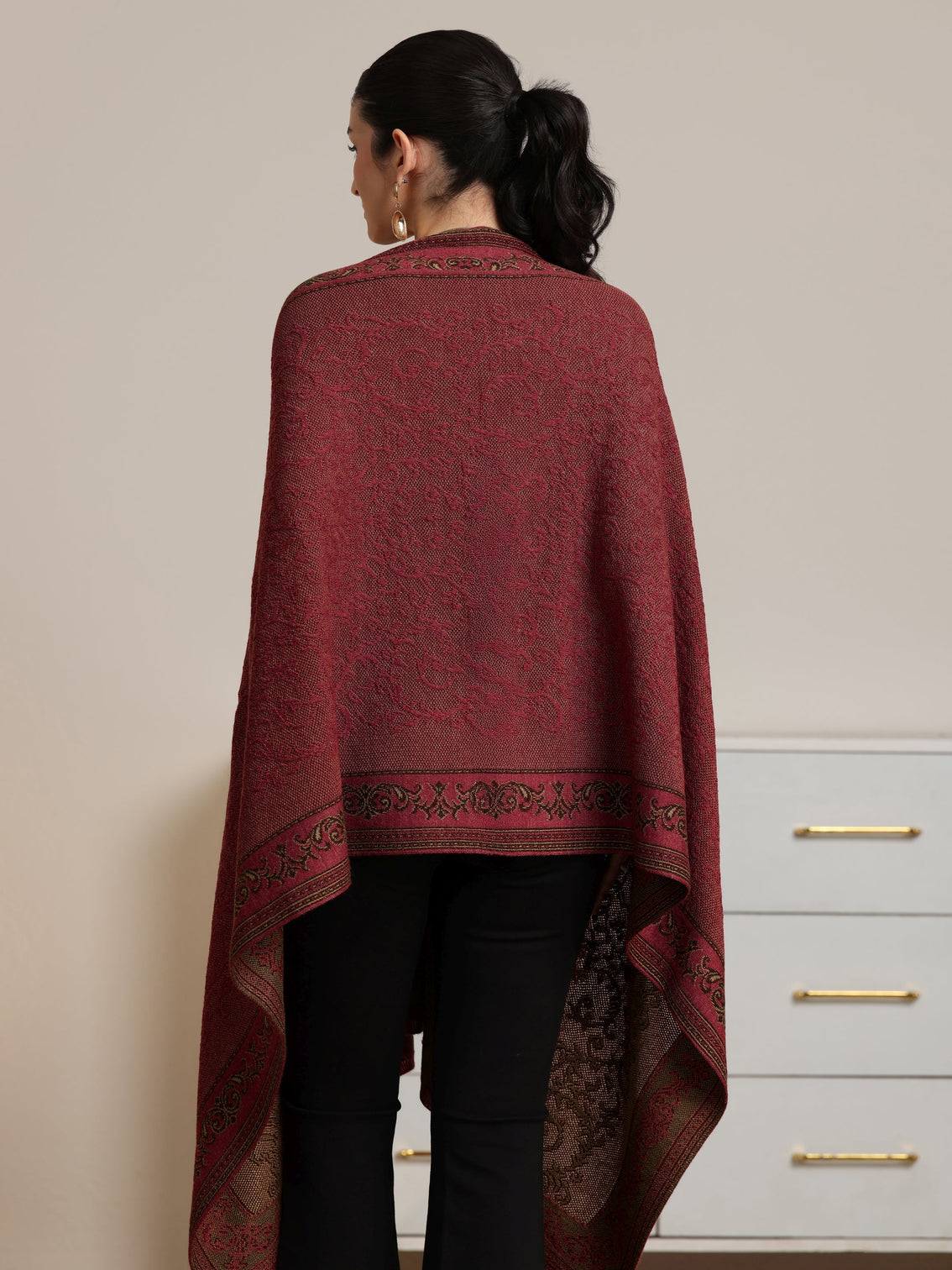 Mameraa Rust Red Floral Knitted Acrylic Wrap Shawl