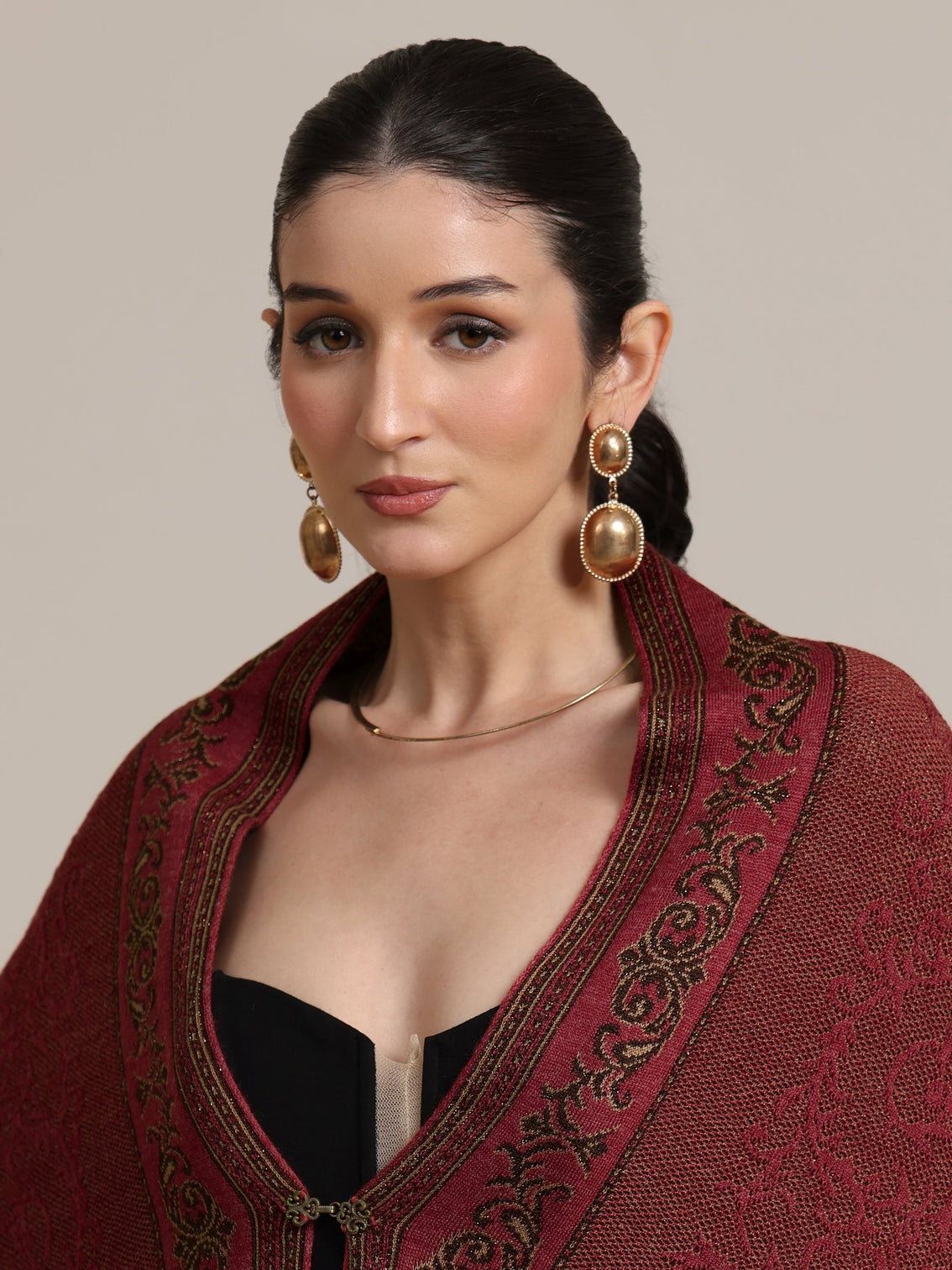 Mameraa Rust Red Floral Knitted Acrylic Wrap Shawl